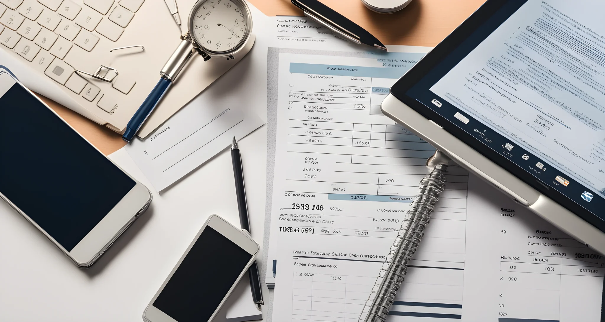 A laptop, smartphone, and a stack of financial documents are displayed on a desk.