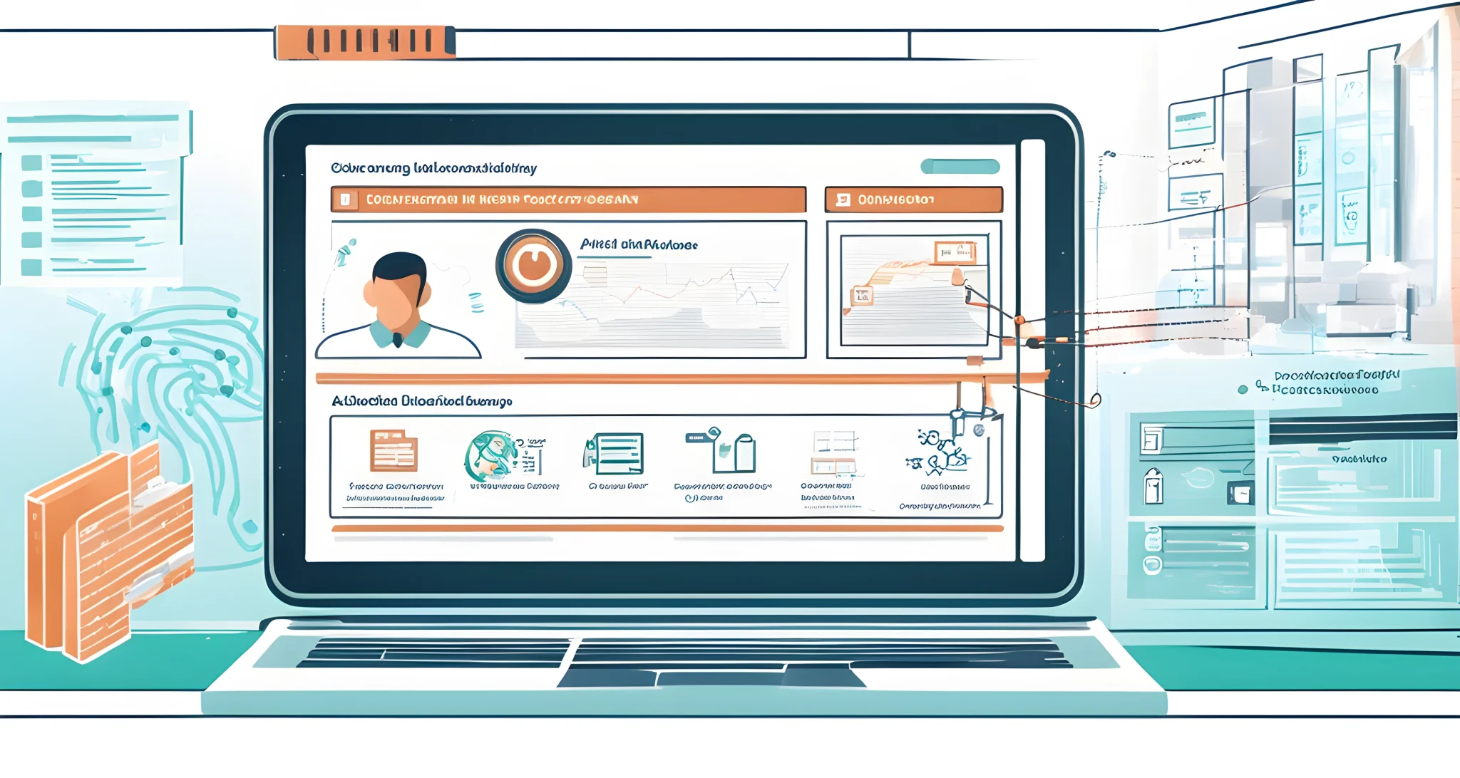 Image of a computer screen displaying a blockchain network in the healthcare industry with secure medical records and patient information.