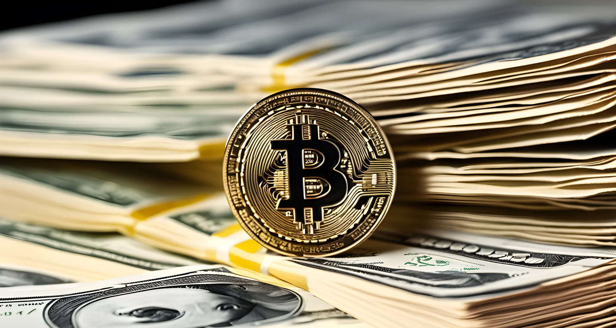 Image showing a Bitcoin logo and a stack of traditional paper currency.