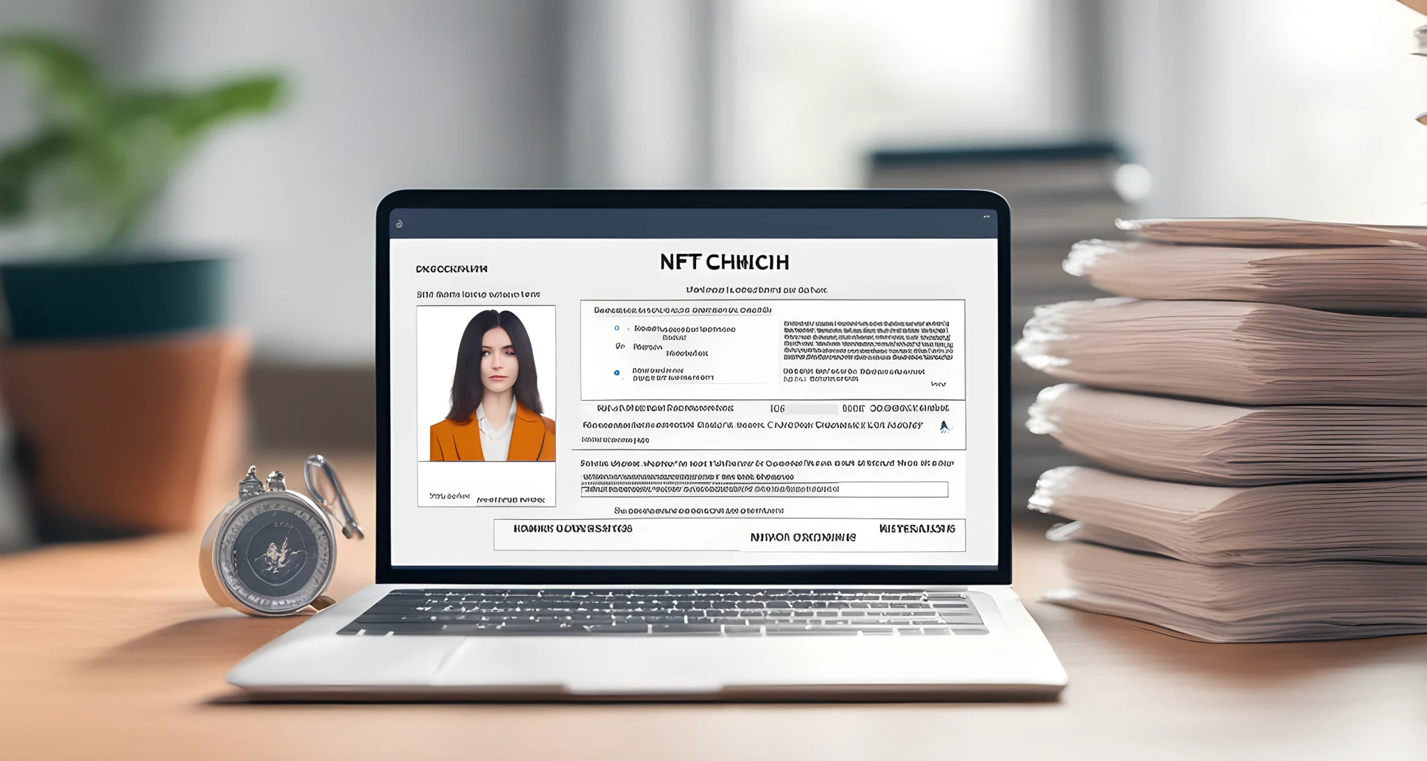 In the image, a digital artwork is displayed on a computer screen, alongside a blockchain transaction record and a legal document related to NFT ownership.