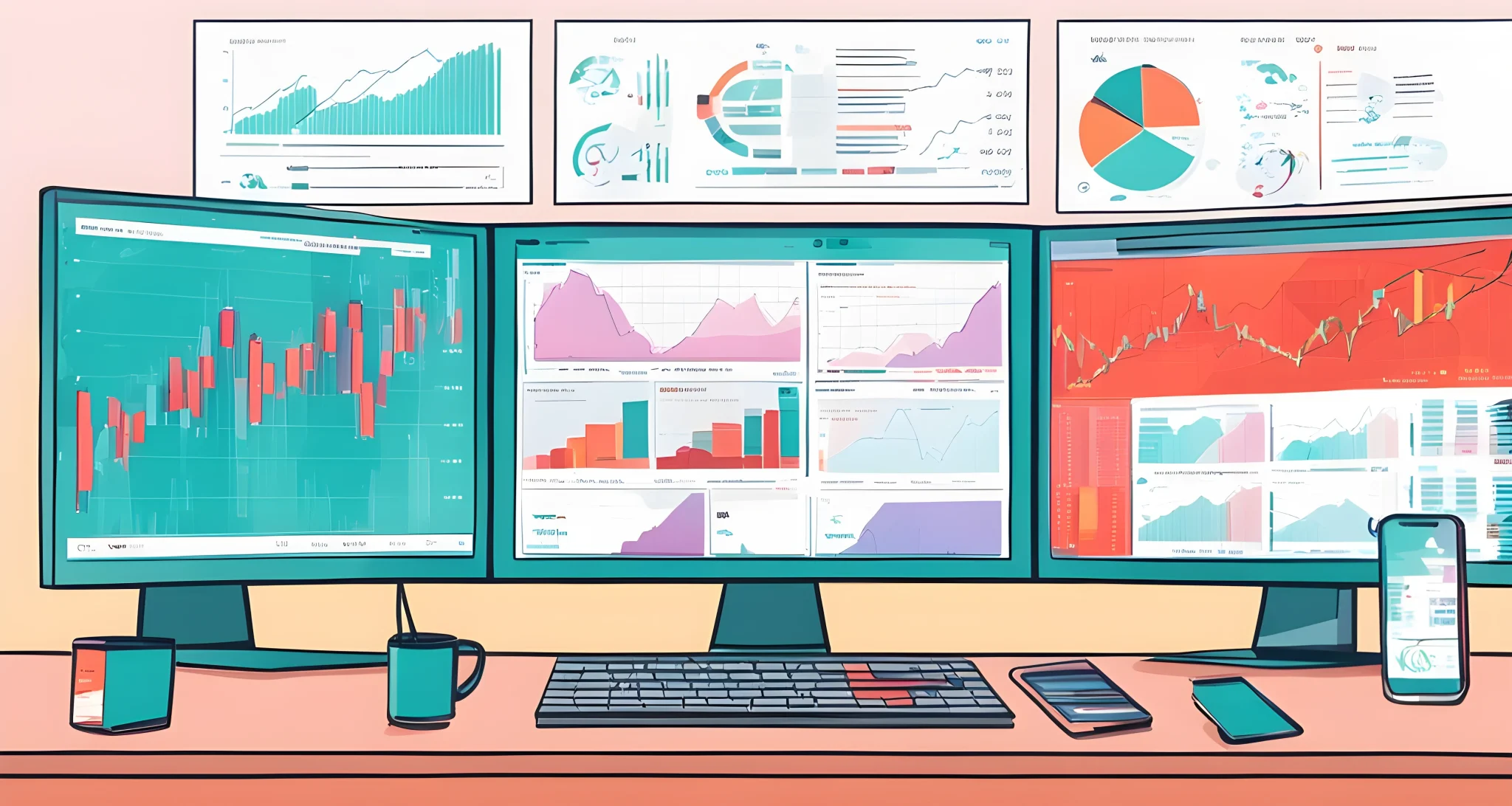 In the image, there are multiple computer screens showing live updates on Ethereum 2.0. There are also financial charts and graphs surrounding the screens.