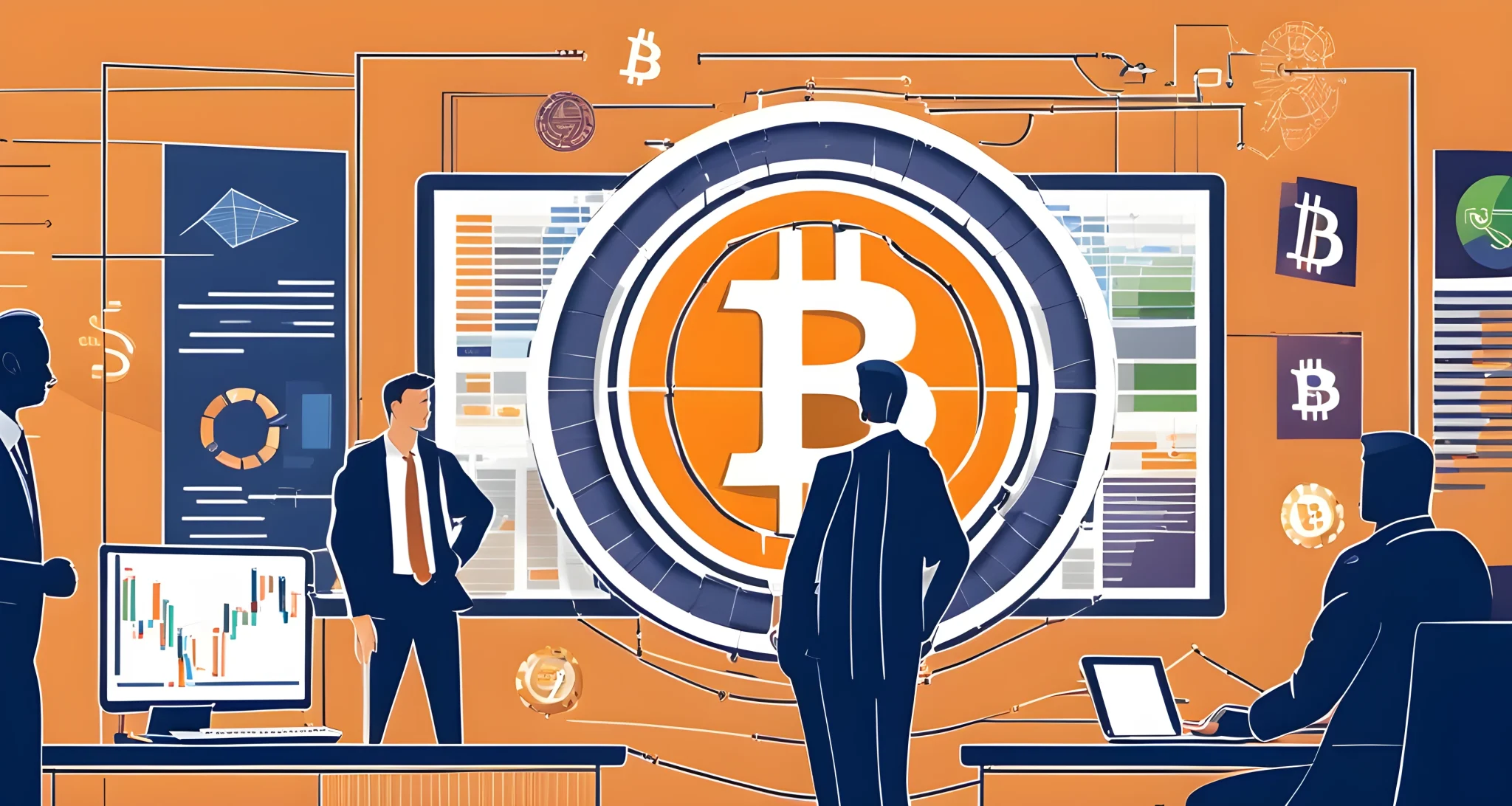 In the image, there are several Bitcoin logos, a computer screen showing cryptocurrency charts, and a group of investors in discussion.