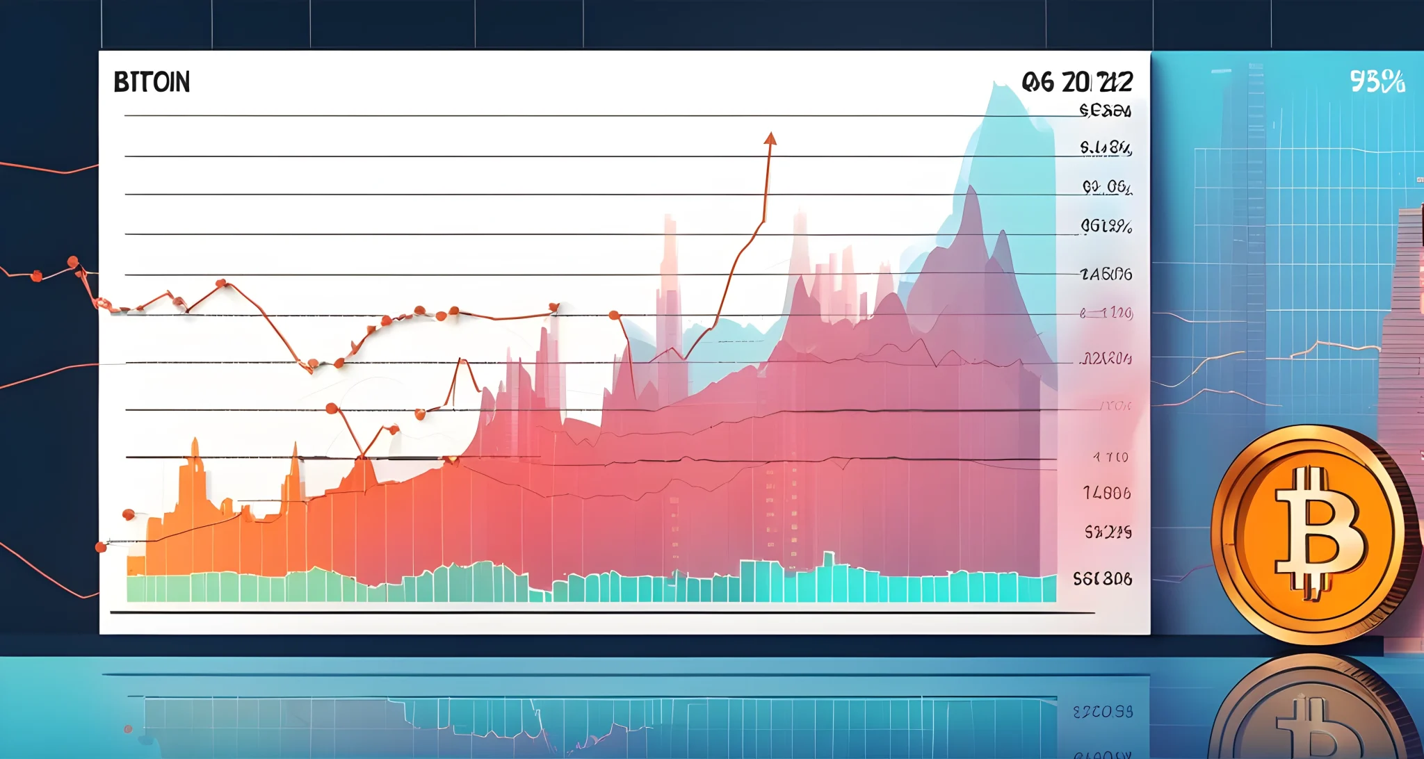 In the image, there are various financial graphs and charts showing the fluctuating prices of Bitcoin over time.