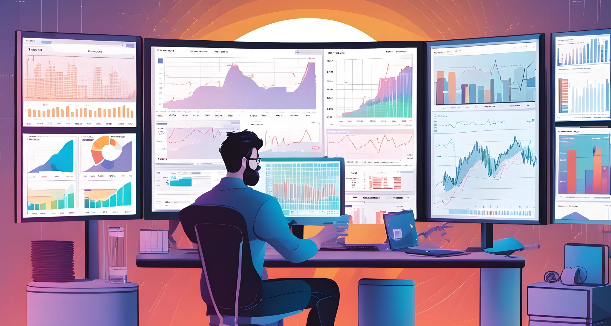 In the image, there is a computer screen displaying various cryptocurrency charts and graphs, with a person analyzing the data.