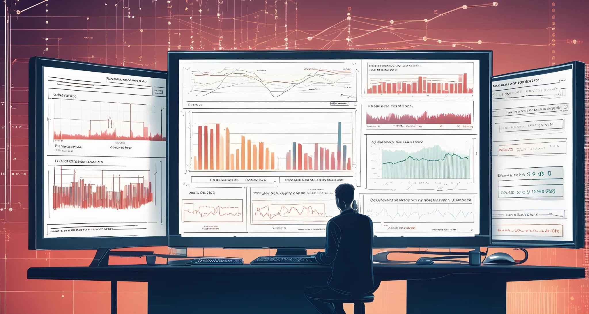 The image depicts a computer screen displaying lines of code and graphs related to blockchain technology and smart contracts.