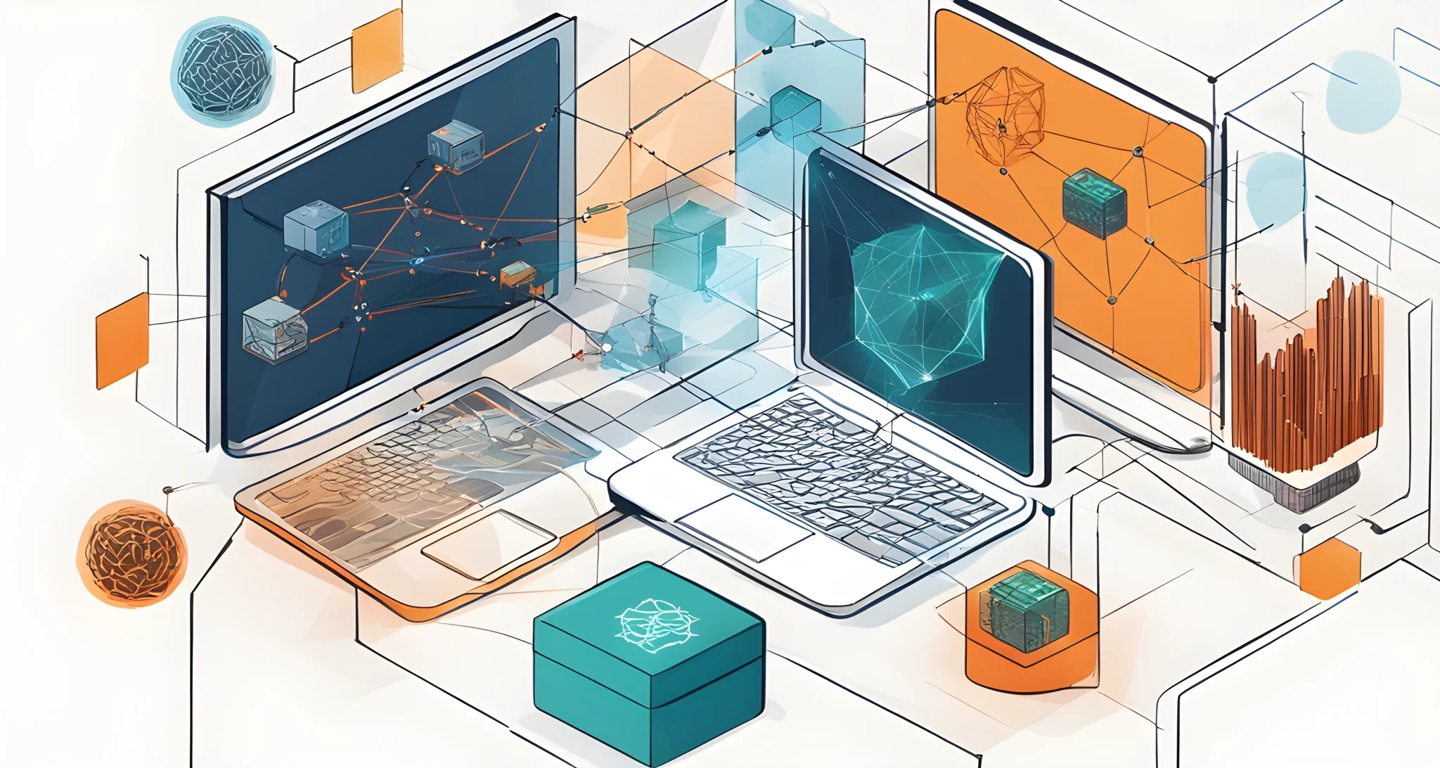 The image depicts a computer screen displaying various graphical representations of blockchain technology, including transactional data and interconnected nodes.