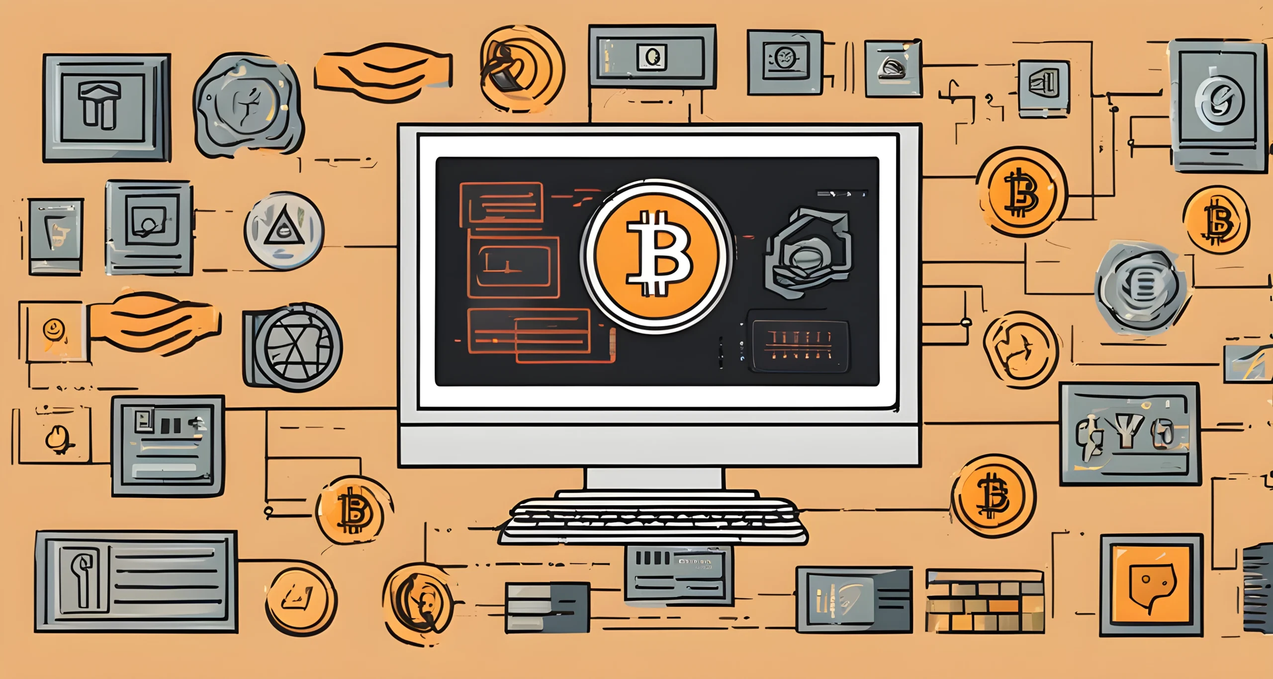 The image depicts a computer screen showing a crypto wallet interface with various digital currencies and security features.