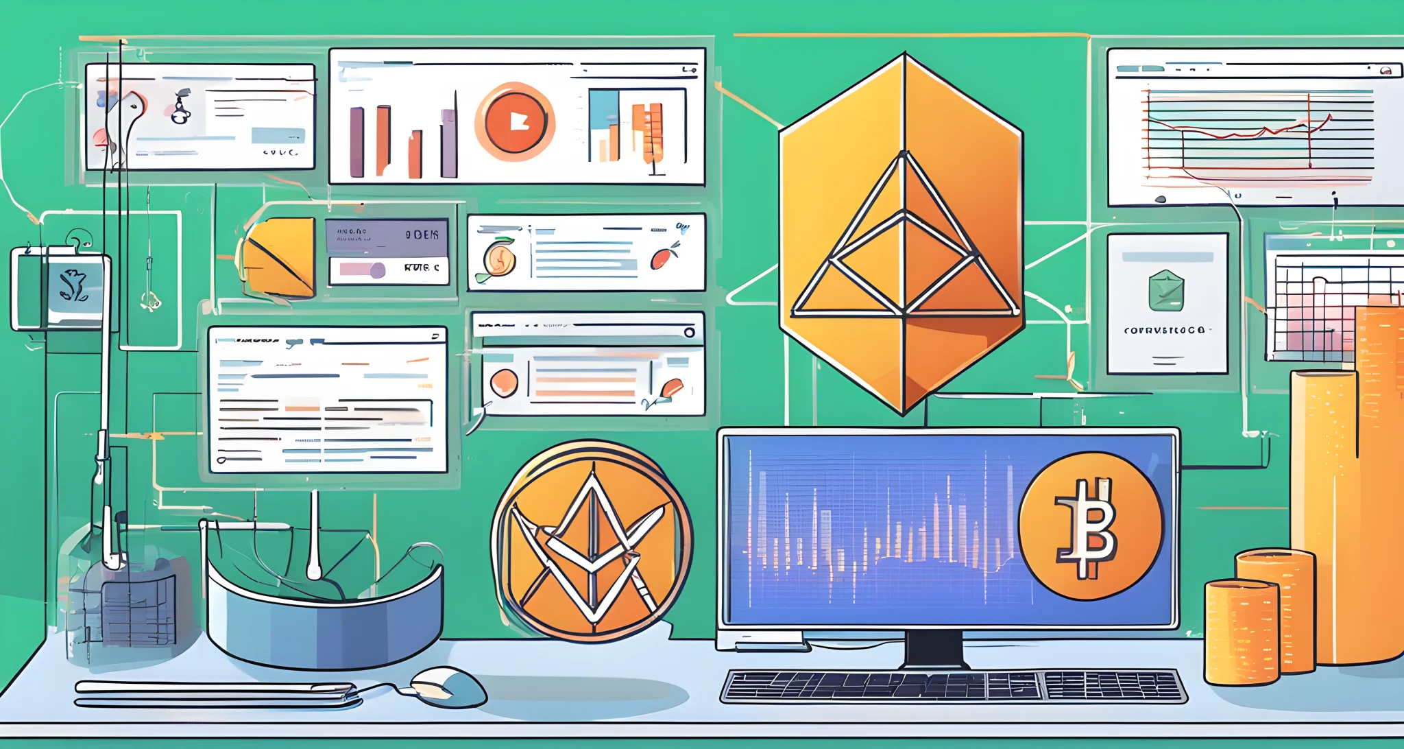 The image depicts a computer screen showing a decentralized finance (DeFi) platform running on the Ethereum blockchain, with various financial tools and transactions visible.