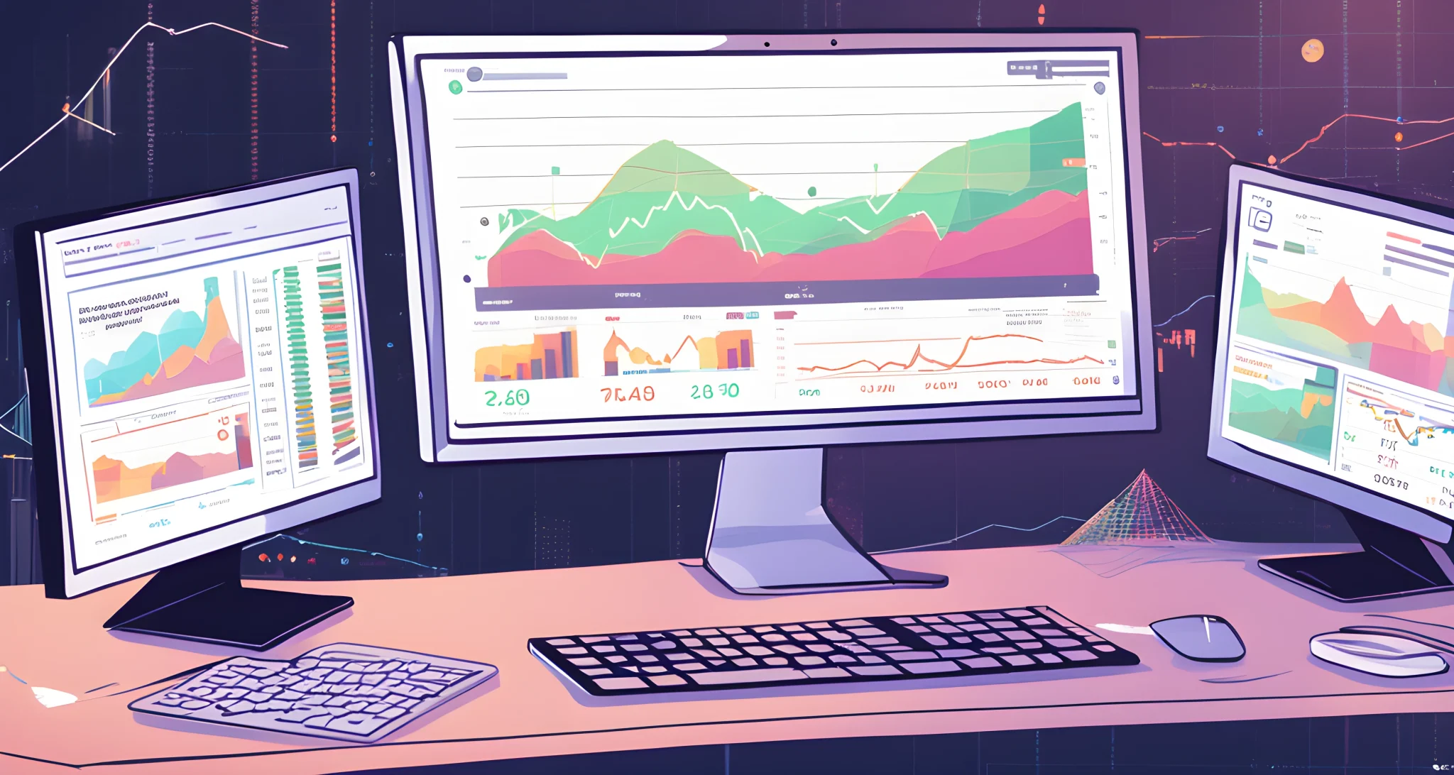 The image depicts a computer screen showing a decentralized finance (DeFi) platform running on the Ethereum blockchain, with a prominent display of cryptocurrency charts and transaction data.