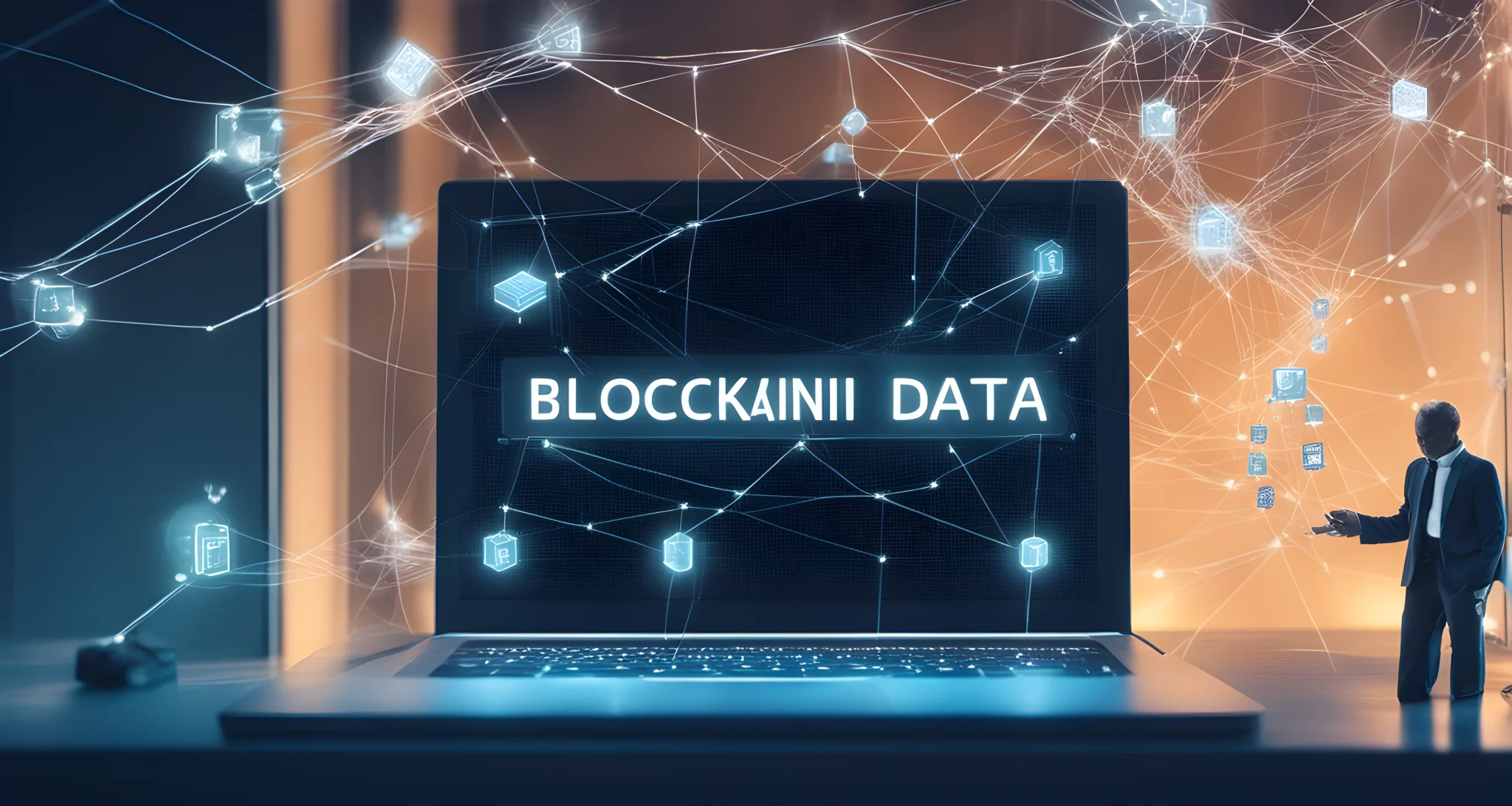 The image depicts a computer screen with a blockchain network interface showing interconnected blocks containing transaction data.