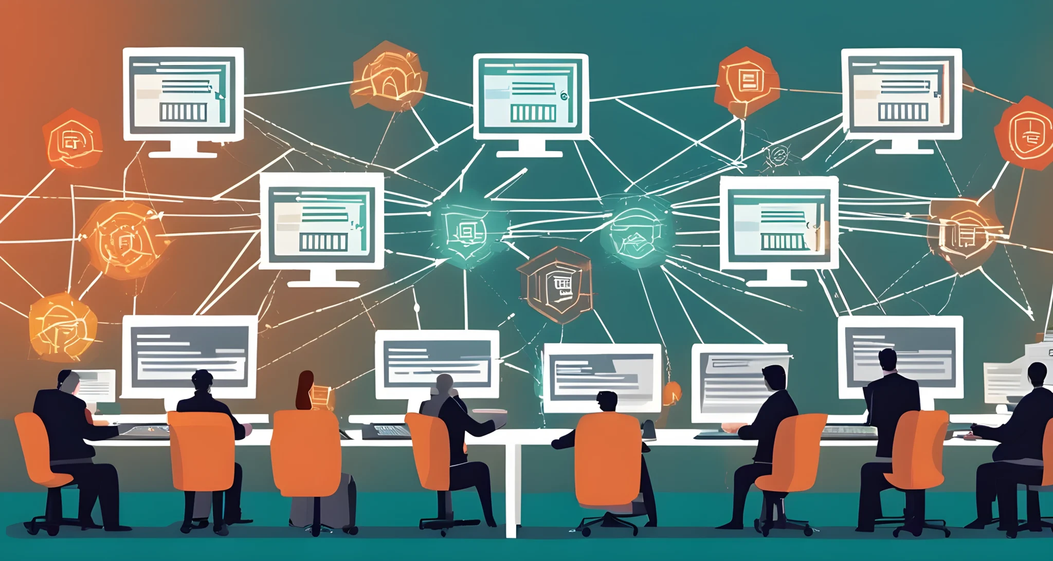 The image depicts a network of interconnected computers processing and validating transactions.