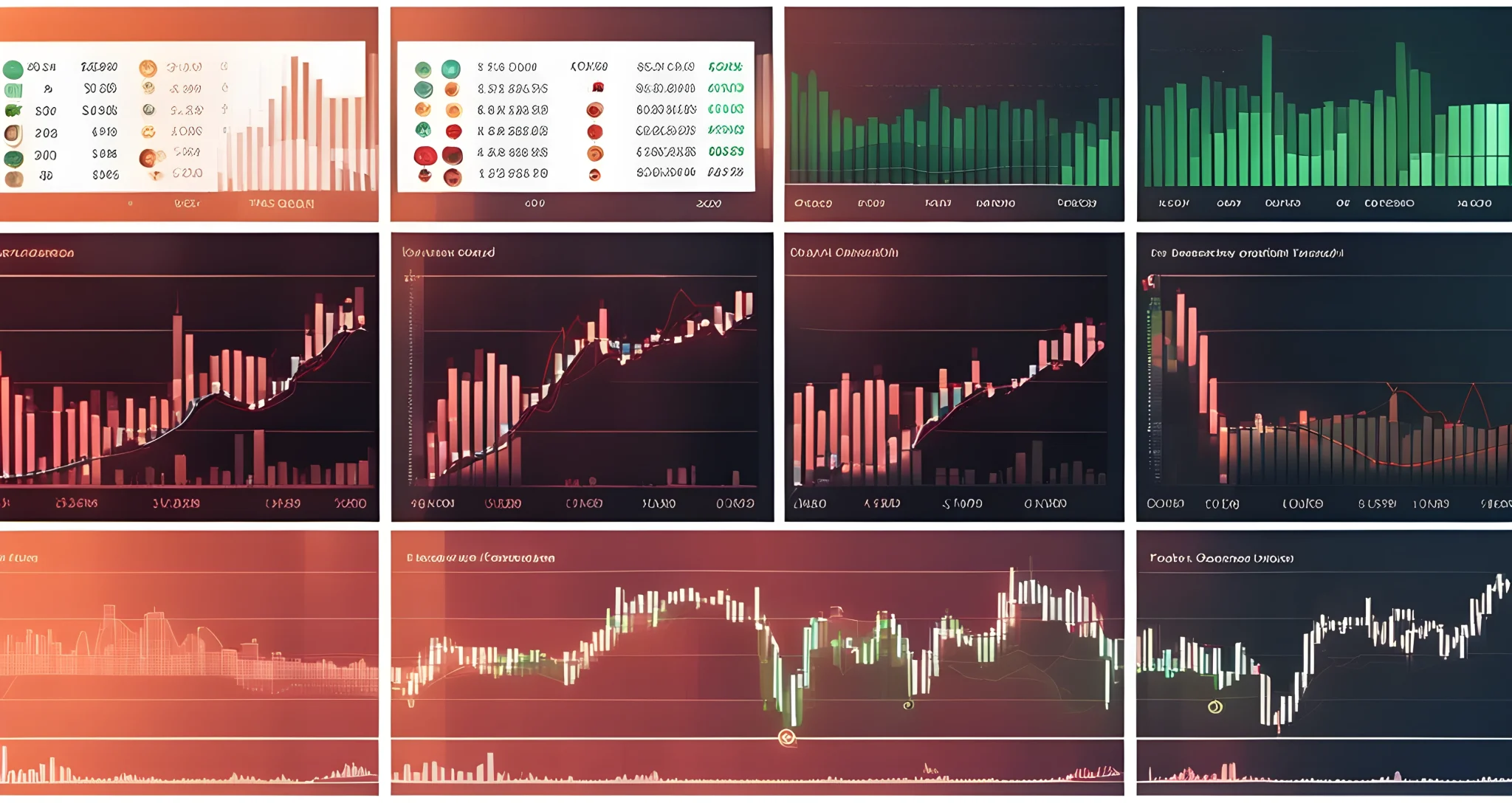 The image depicts a series of candlestick charts overlaid with various technical indicators and trend lines, showing fluctuating market data for different cryptocurrency assets.