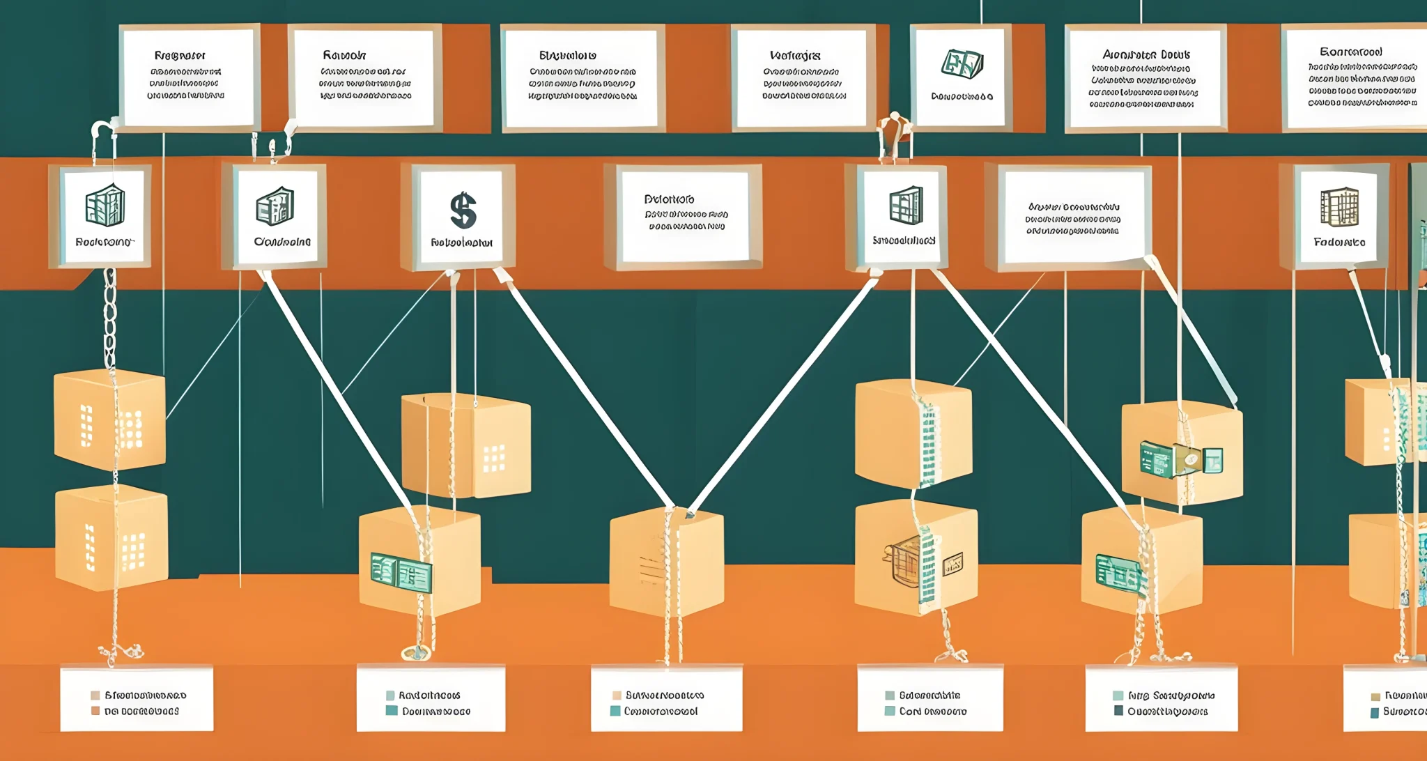 The image depicts a series of financial transaction blocks connected in a chain, representing the role of blockchain in the finance industry.