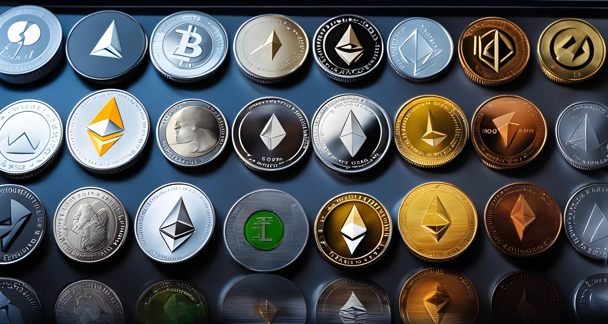 The image depicts a variety of different altcoins displayed on a computer screen, including Ethereum, Litecoin, and Ripple.