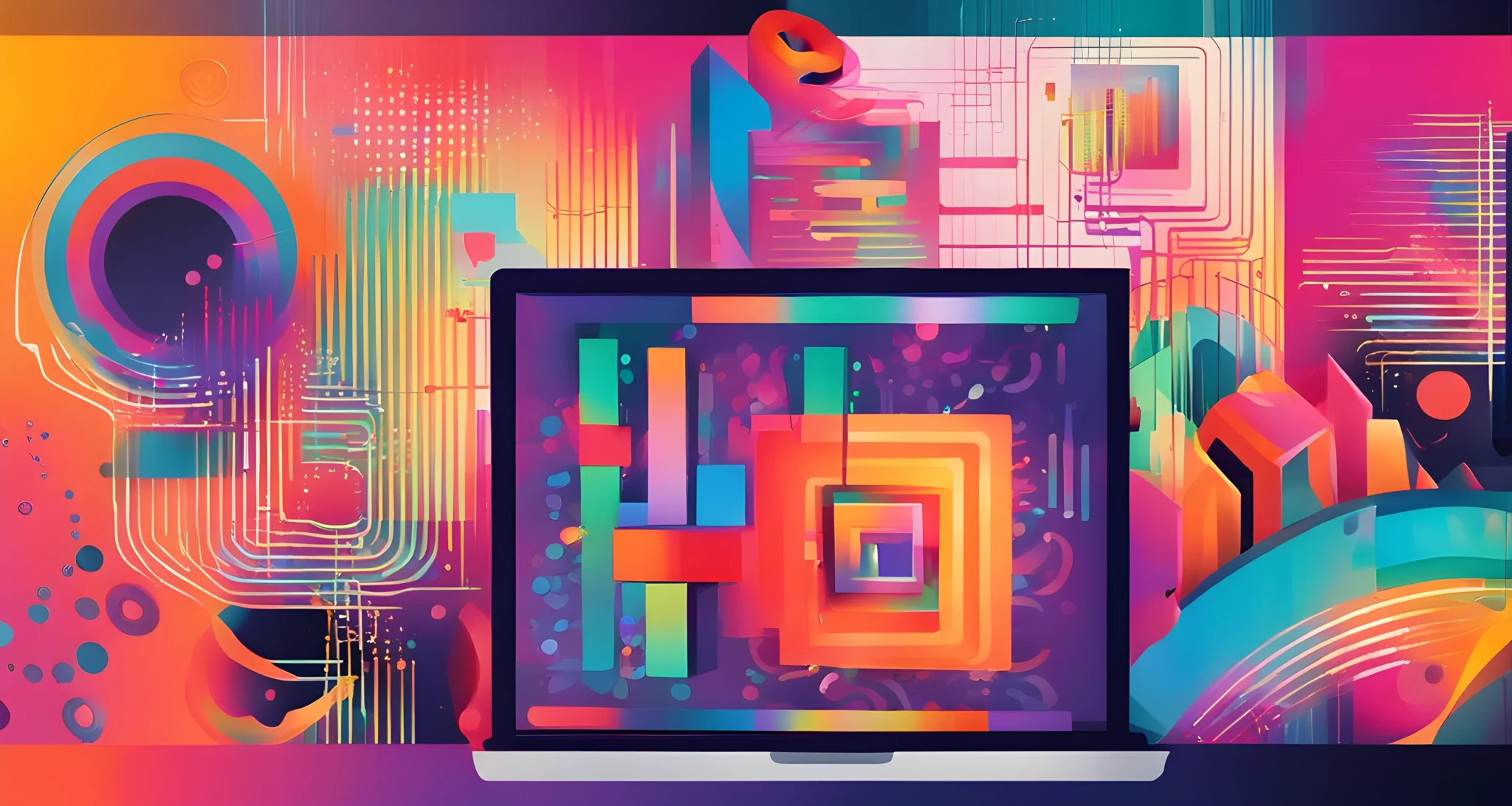 The image features a digital artwork of a colorful, abstract design displayed on a computer screen. An NFT (non-fungible token) certificate is visible next to the artwork, indicating its ownership on a blockchain platform.