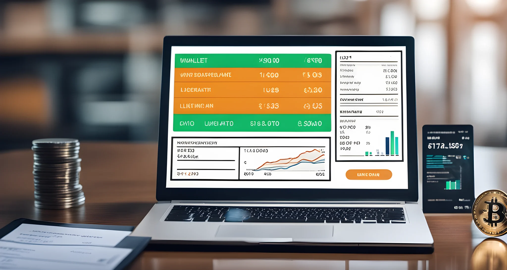 The image features a digital wallet icon, a computer screen showing cryptocurrency prices, and a regulation document in the background.