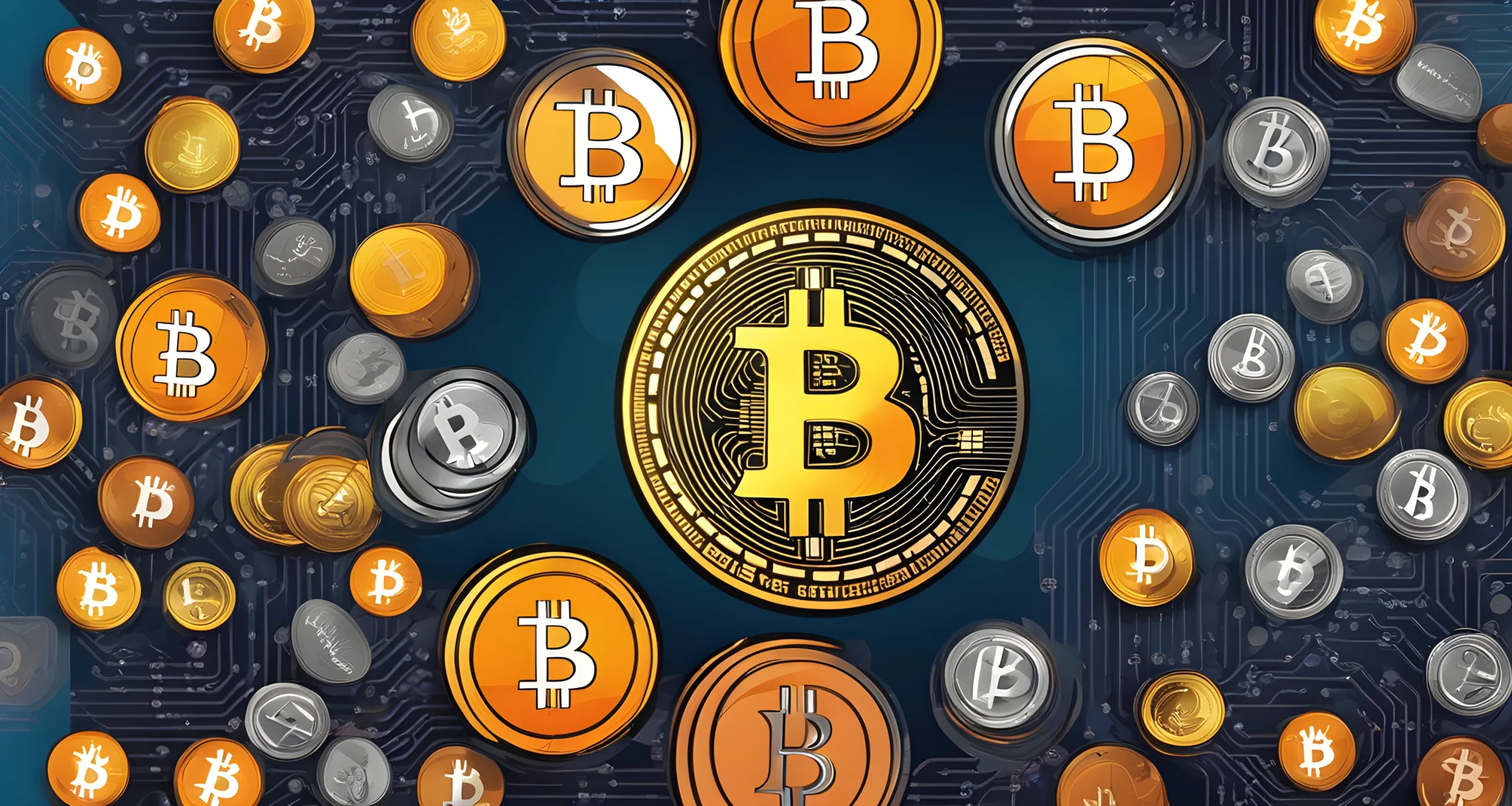 The image shows a Bitcoin logo and various types of cryptocurrency coins on a digital exchange platform.