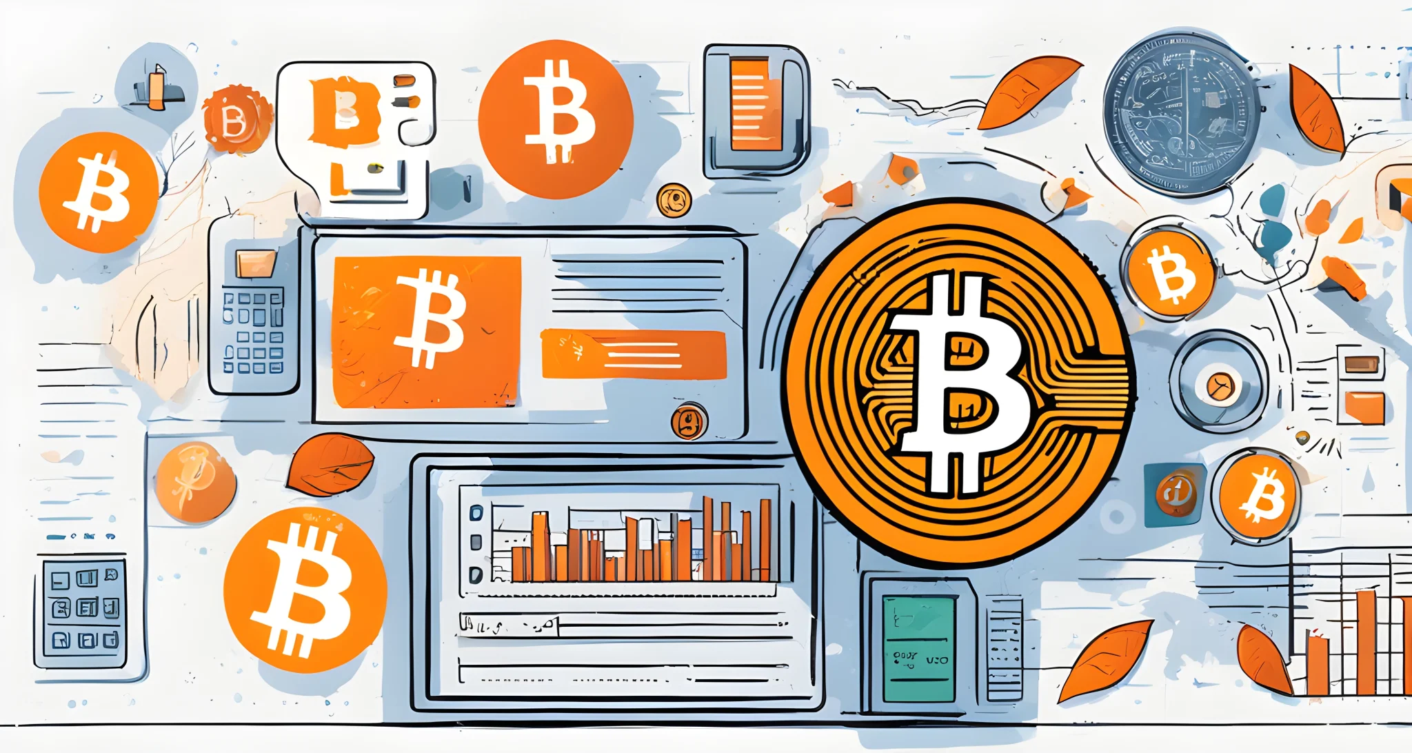 The image shows a Bitcoin logo displayed prominently on a digital screen, surrounded by various financial and regulatory symbols.