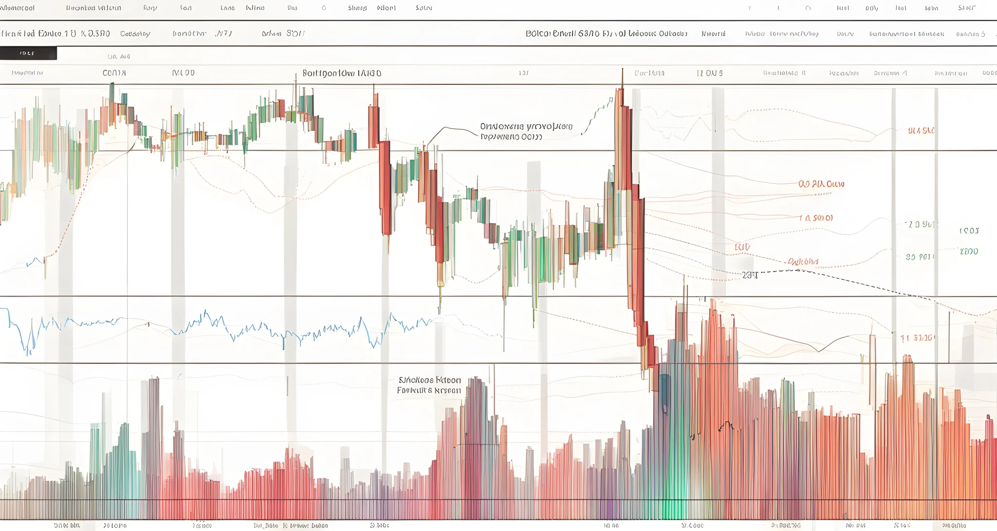 The image shows a candlestick chart depicting the price movement of Bitcoin over a period of time, with various technical indicators displayed below the chart.