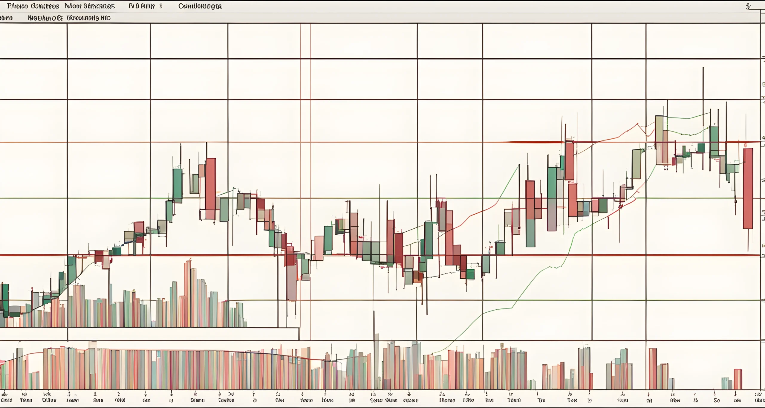 The image shows a candlestick chart with various trend lines and technical indicators.