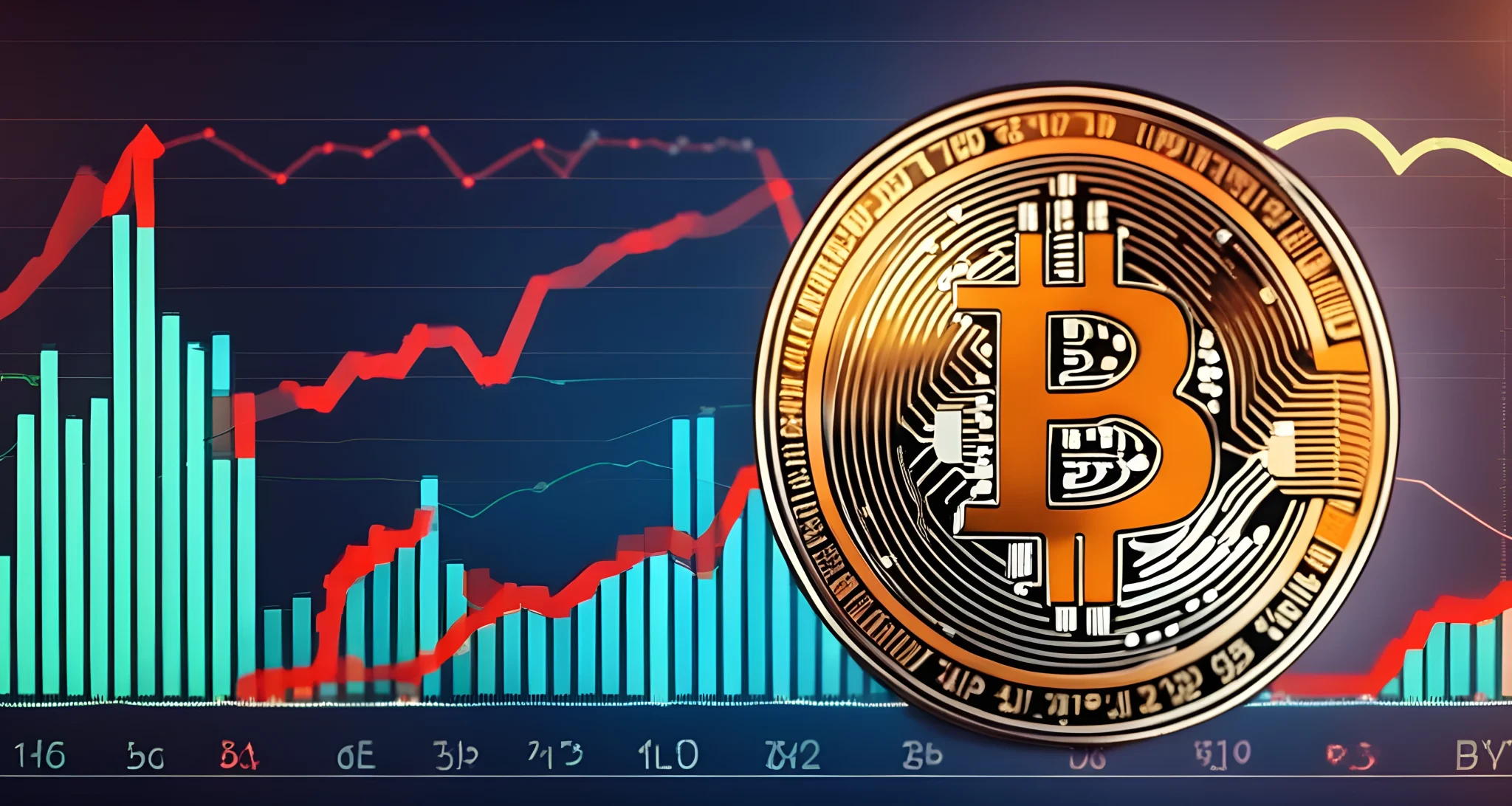 The image shows a chart of Bitcoin's price fluctuations over time, accompanied by a graph depicting market sentiment towards the cryptocurrency.