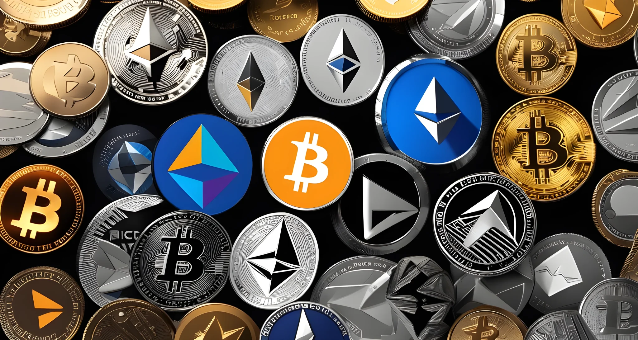 The image shows a collection of cryptocurrency logos including Bitcoin, Ethereum, Ripple, and Litecoin.