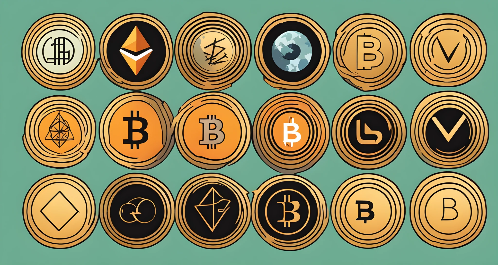 The image shows a collection of different cryptocurrencies displayed on a digital exchange platform.