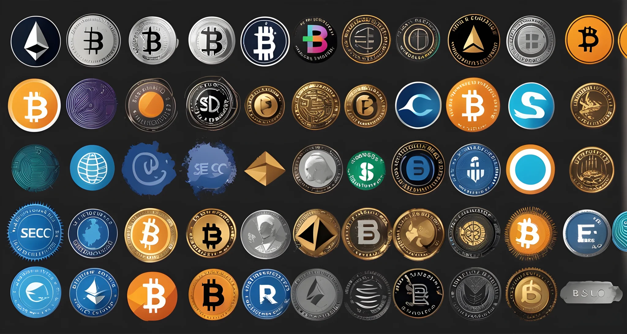 The image shows a collection of digital currency logos, including Bitcoin, Ethereum, and Ripple, alongside the logos of various regulatory bodies such as the SEC and CFTC.