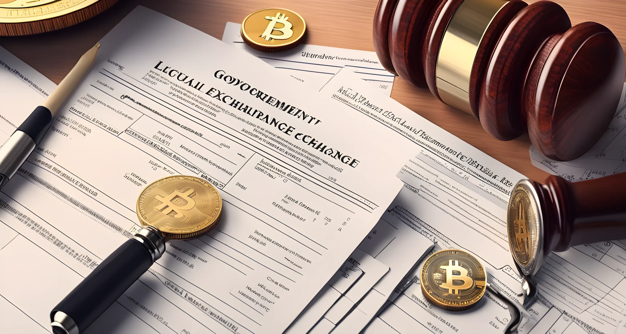 The image shows a collection of legal documents, government regulations, and cryptocurrency exchange licenses.