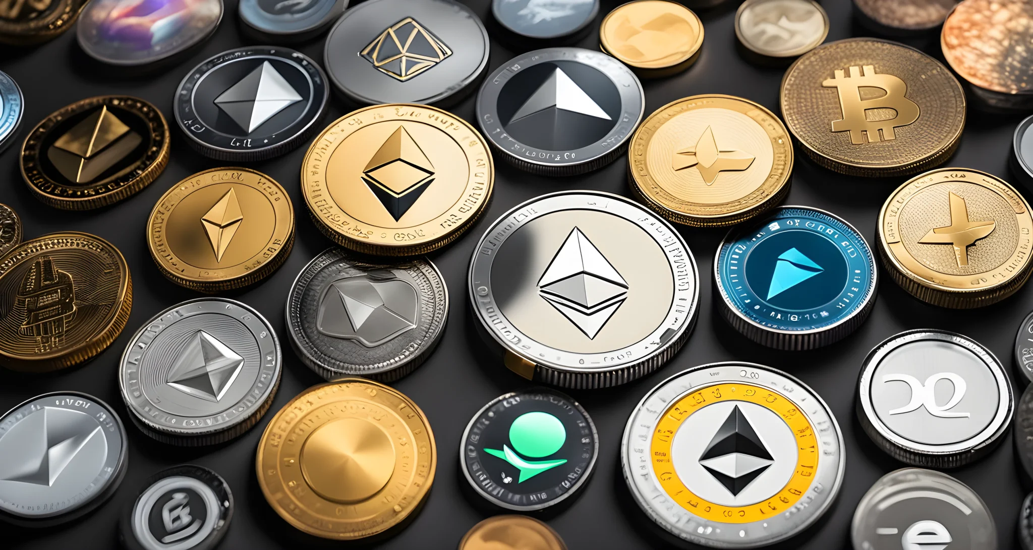 The image shows a collection of popular altcoins including Ethereum, Ripple, Litecoin, and Cardano displayed on a digital trading platform.