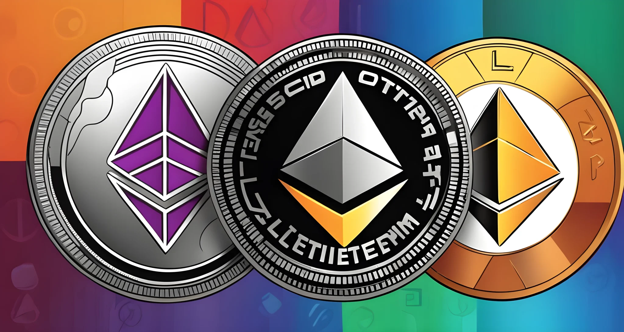 The image shows a collection of various altcoin symbols, including Ethereum, Ripple, Litecoin, and others.