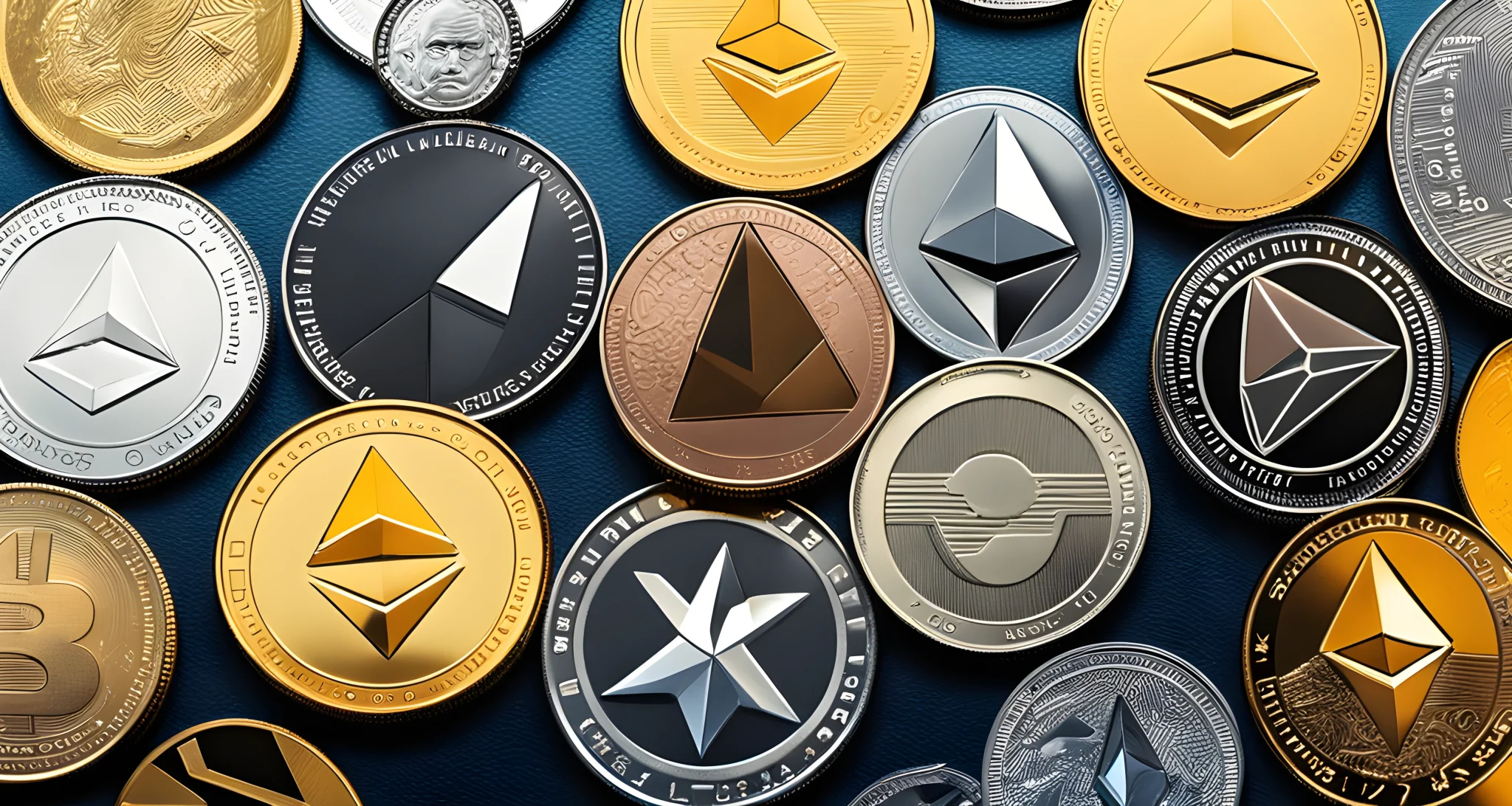 The image shows a collection of various altcoins including Ethereum, Ripple, Litecoin, and Stellar.