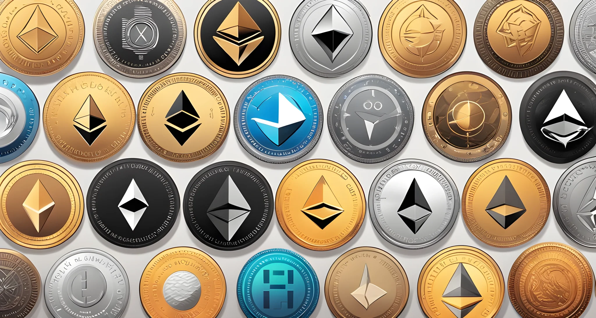 The image shows a collection of various altcoins, including Ethereum, Ripple, Litecoin, and Cardano.