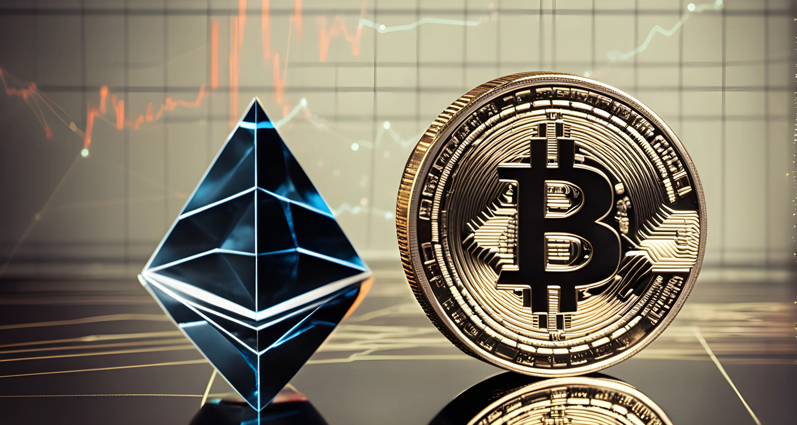 The image shows a comparison of a Bitcoin symbol and an Ethereum symbol on a chart, representing the two main cryptocurrencies in the market.