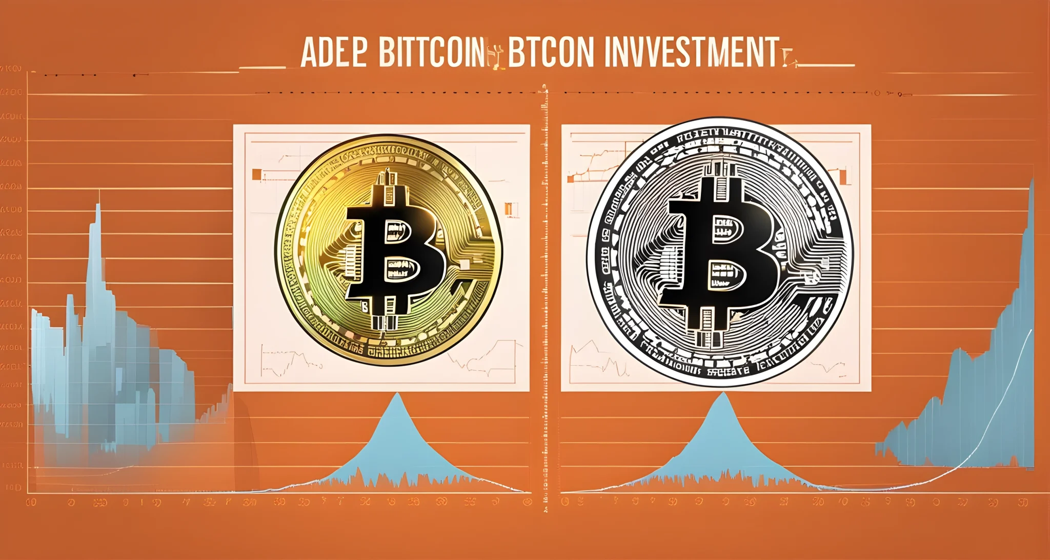 The image shows a comparison of Bitcoin and traditional investment graphs, with Bitcoin's rapid growth displayed prominently.