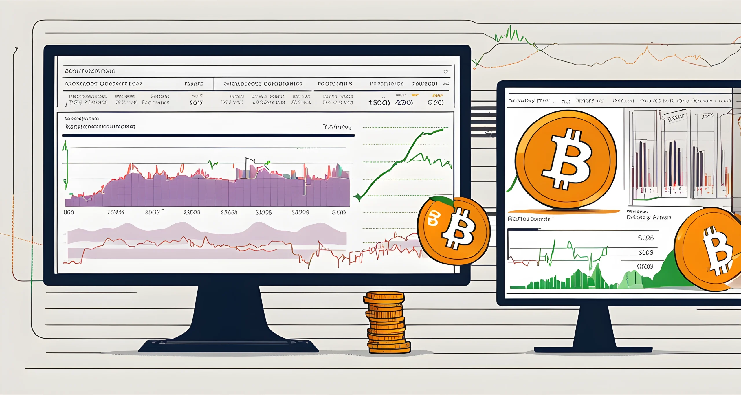 The image shows a computer monitor displaying a graph of Bitcoin price fluctuations, alongside a traditional financial investment portfolio with stocks and bonds.