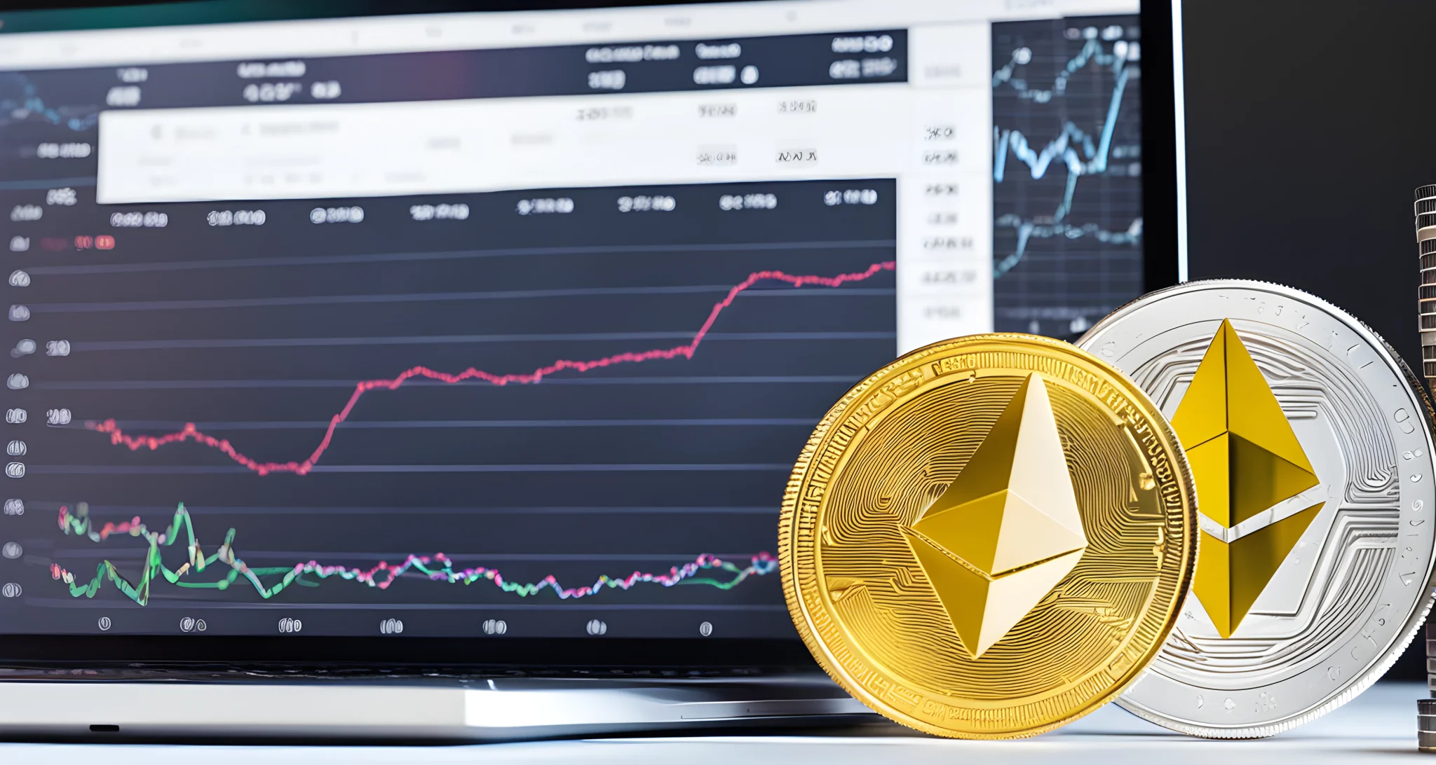 The image shows a computer monitor displaying a graph of the growth of Ethereum 2.0 alongside a stack of physical Ethereum coins.