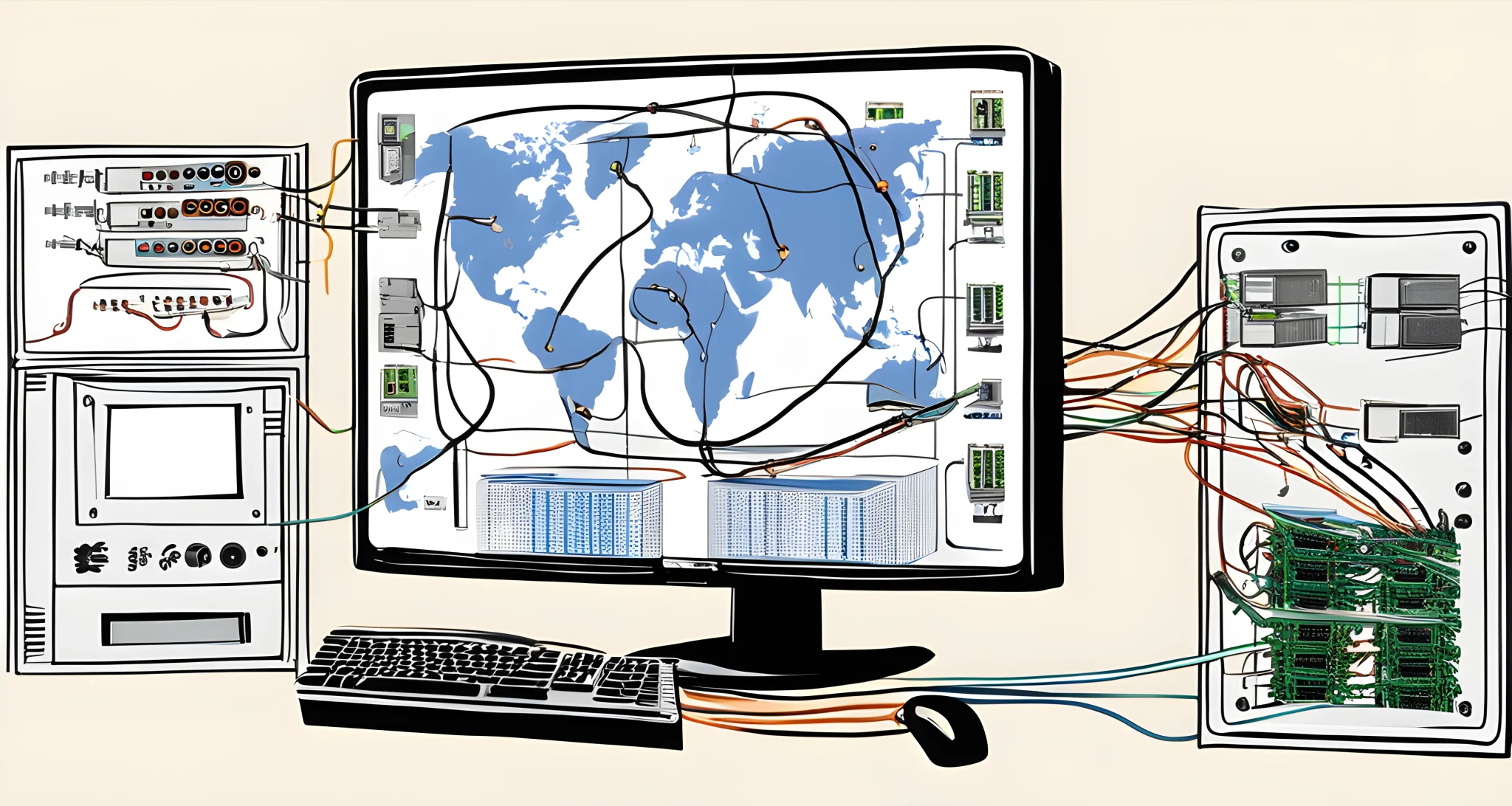 The image shows a computer monitor with a complex network diagram, a data server, and multiple cables and wires connected to various devices.