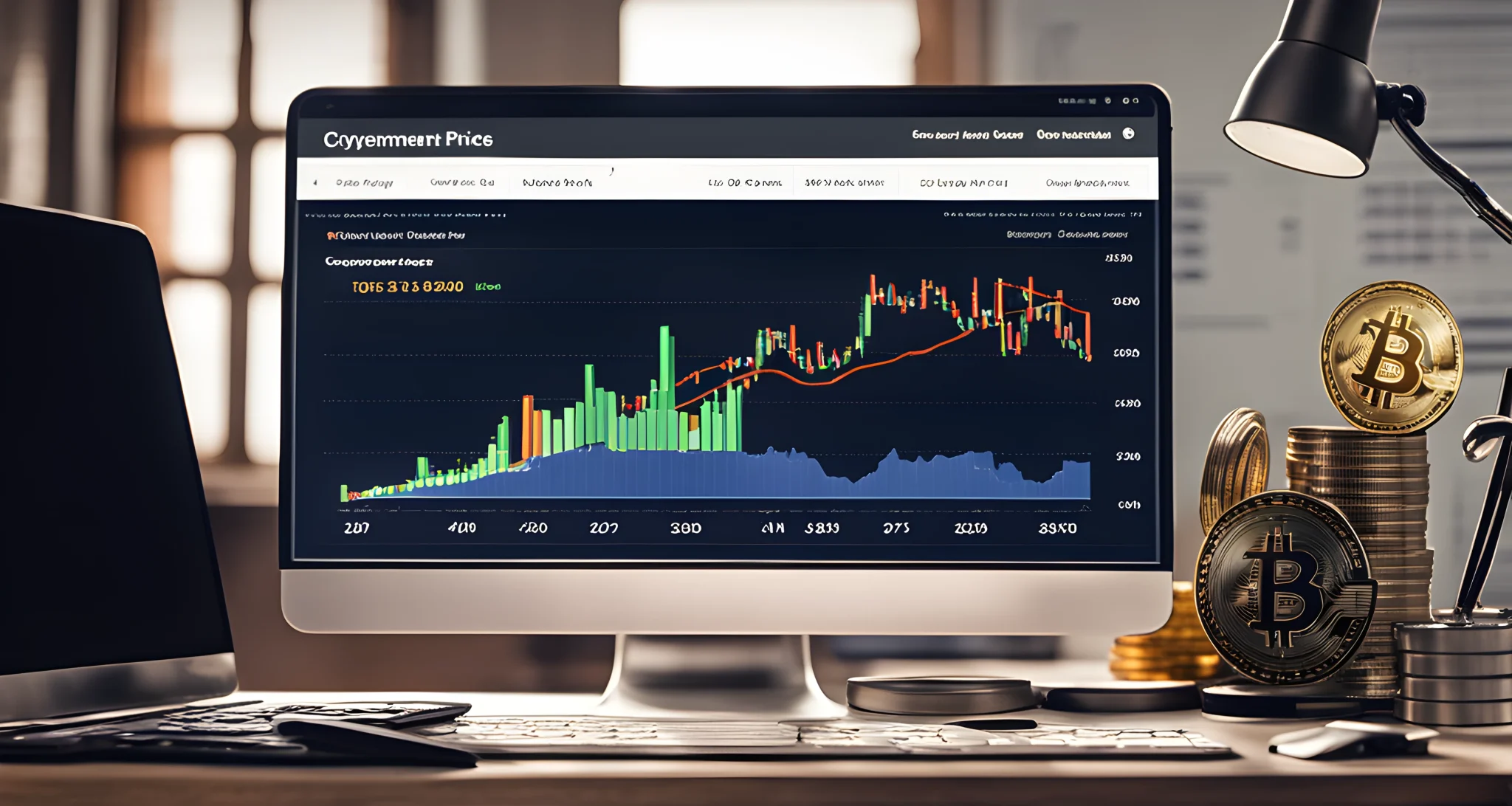 The image shows a computer screen displaying a chart of cryptocurrency prices, with a government document outlining new regulations on the desk next to it.