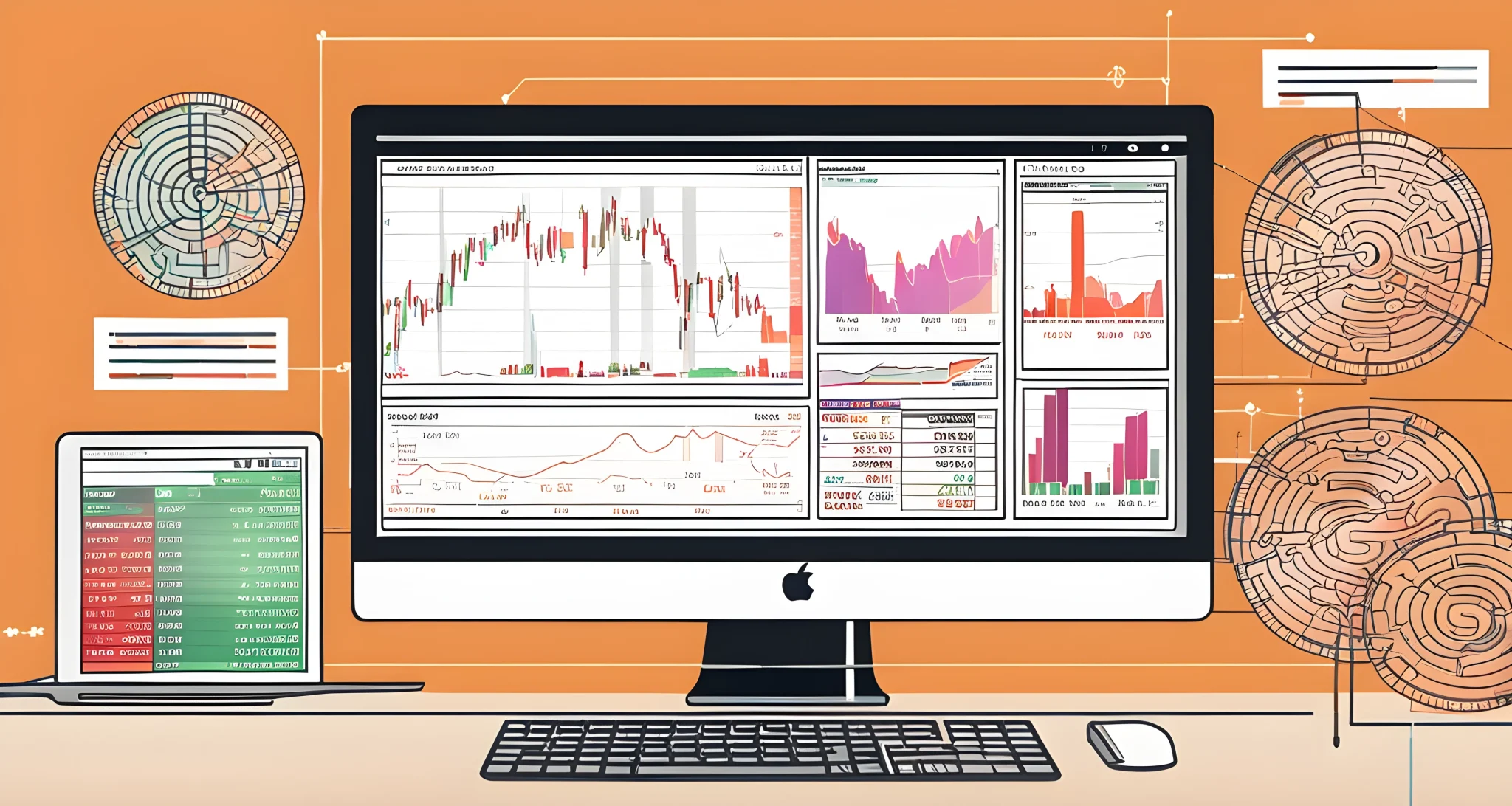 The image shows a computer screen displaying a complex digital currency trading platform, with charts, graphs, and transaction details.