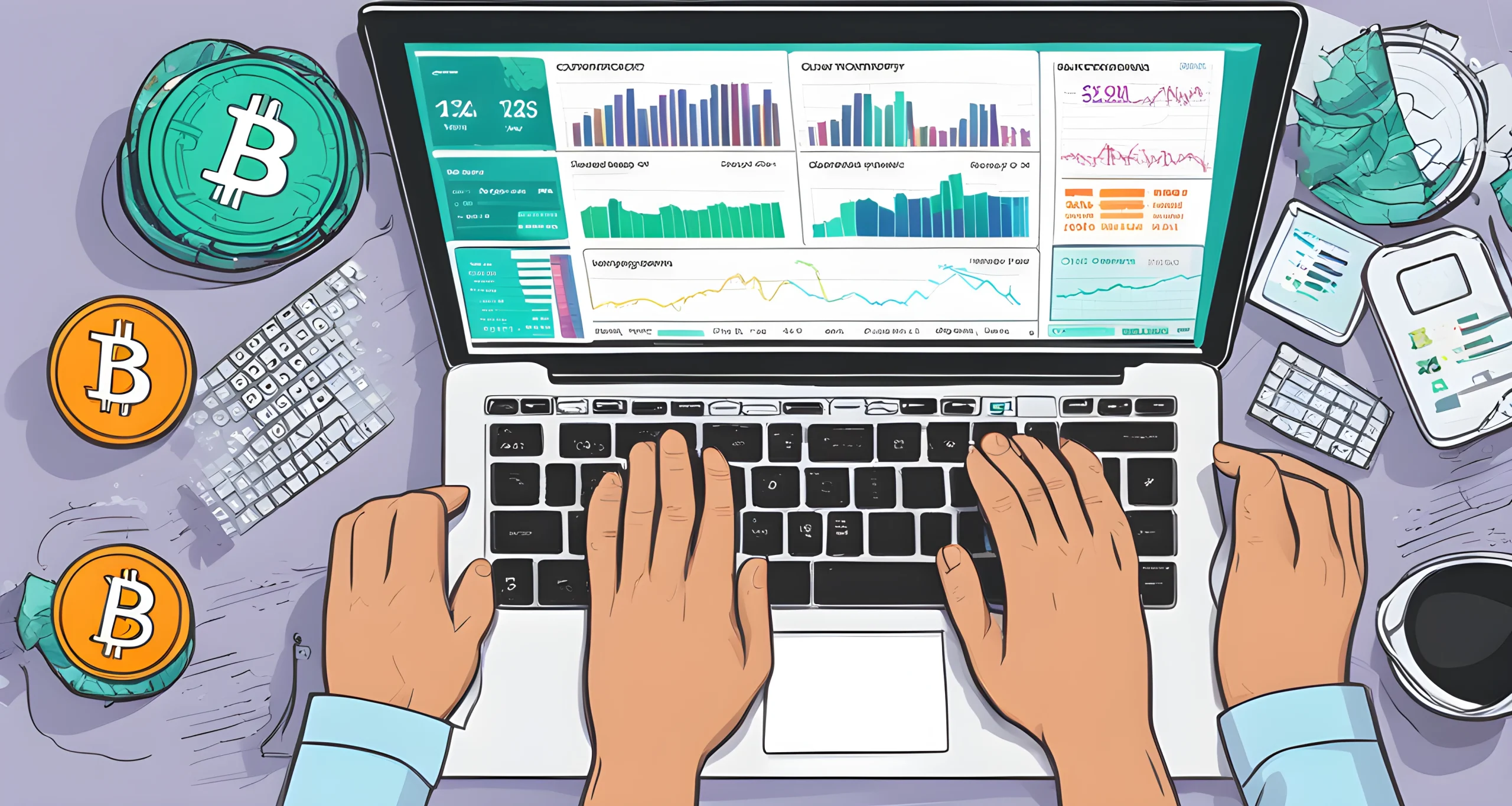 The image shows a computer screen displaying a cryptocurrency exchange platform, with various charts and graphs indicating market trends and prices. A pair of hands can be seen typing on the keyboard, creating a sense of activity and monitoring of the platform.