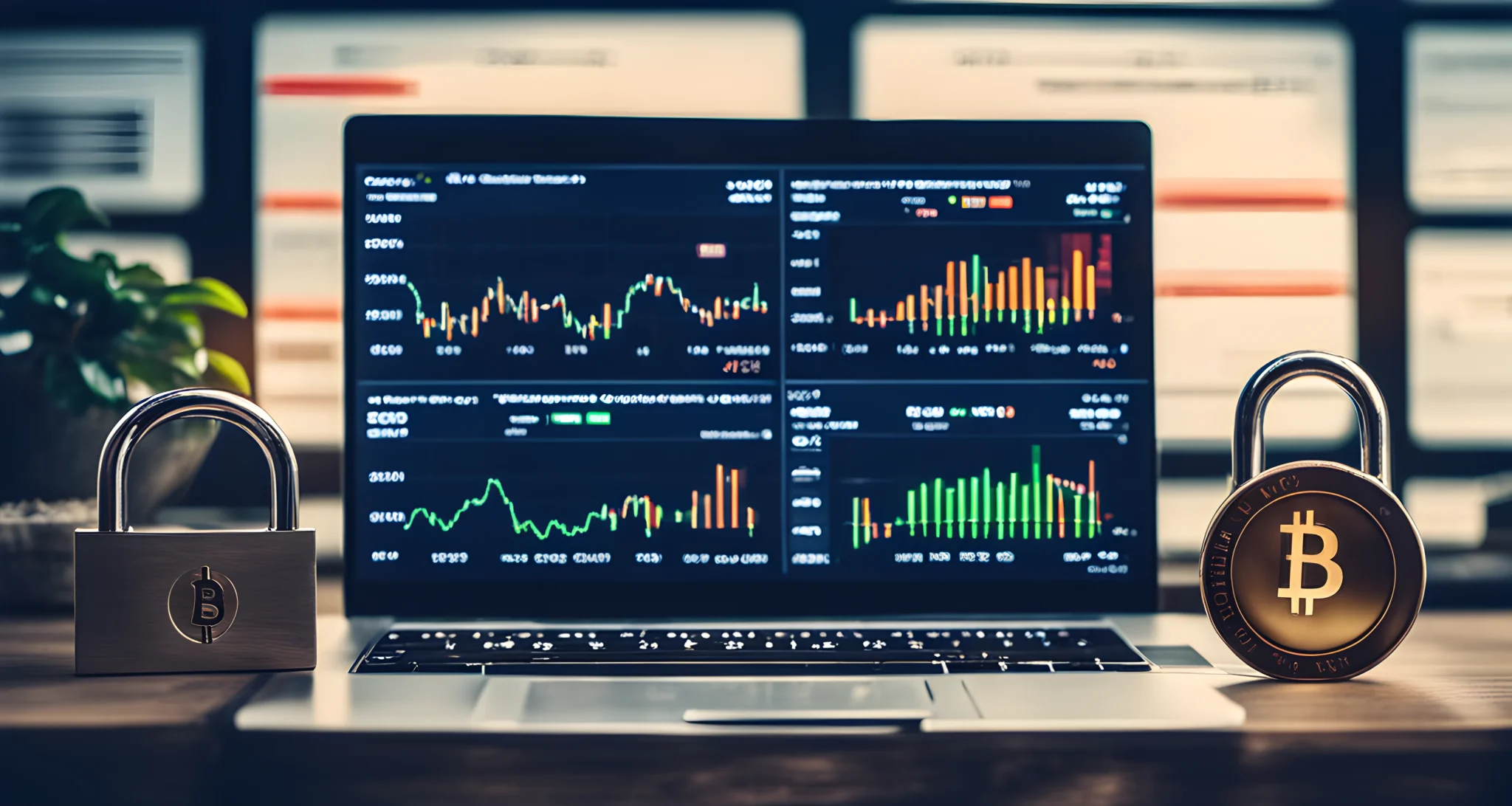 The image shows a computer screen displaying a cryptocurrency exchange platform with charts and graphs. A hardware wallet and a padlock symbol are also visible, representing secure storage and protection of crypto investments.