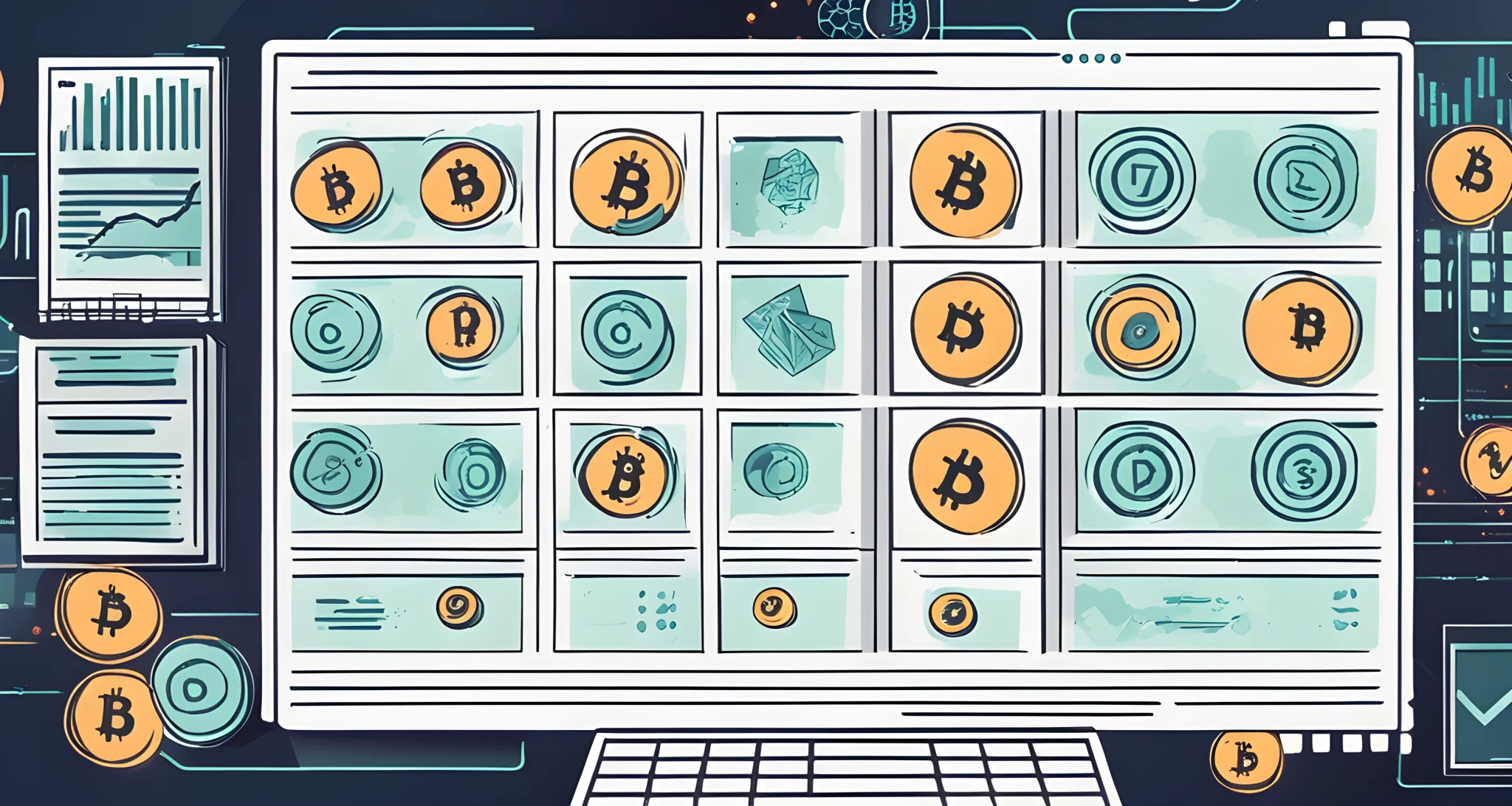 The image shows a computer screen displaying a decentralized finance (DeFi) platform with various digital tokens and cryptocurrencies being traded and borrowed.