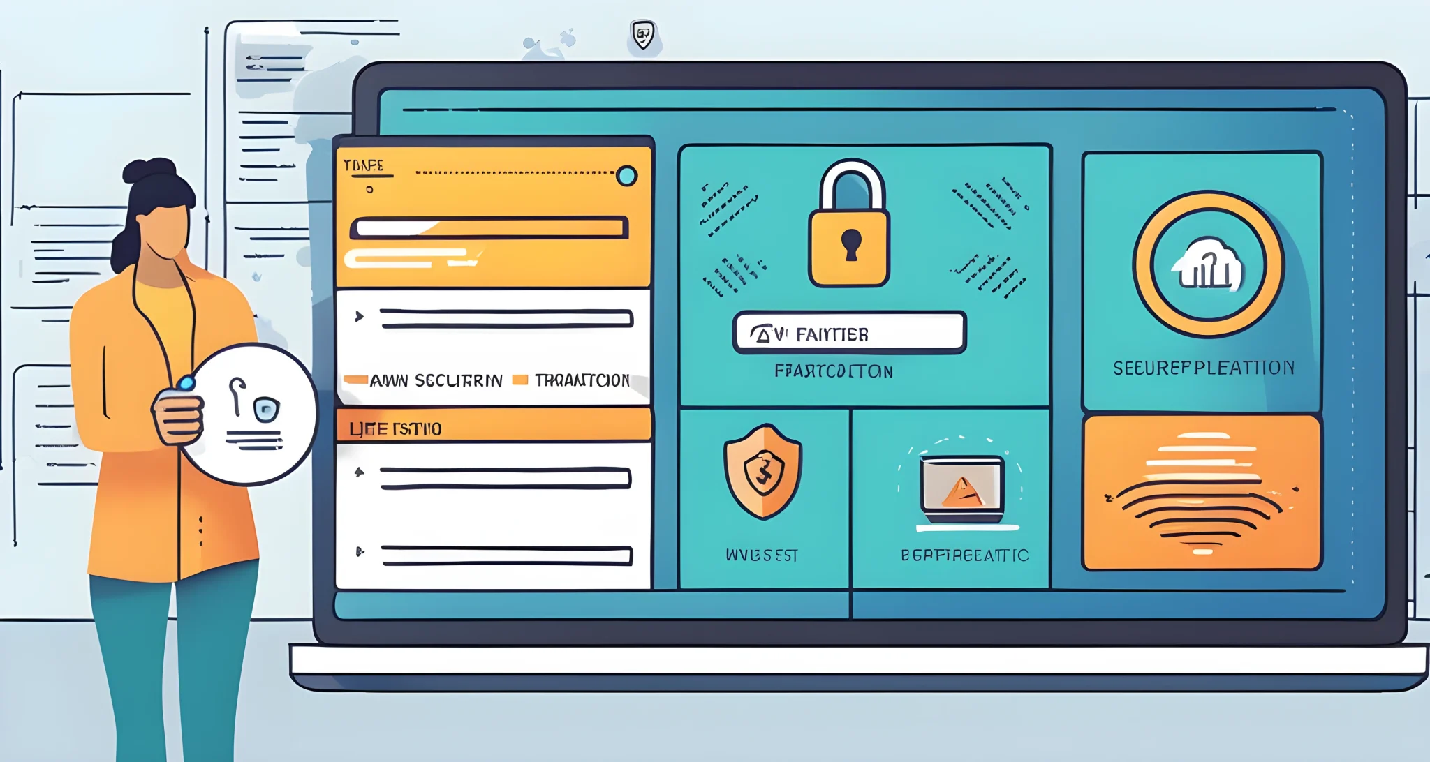 The image shows a computer screen displaying a DeFi platform interface with various security features such as two-factor authentication, encryption, and secure transaction protocols.