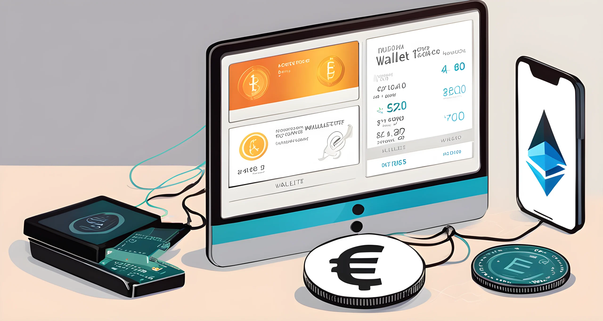 The image shows a computer screen displaying a digital wallet interface with a balance of Ethereum tokens. Beside it, there is a hardware wallet device for storing cryptocurrencies.