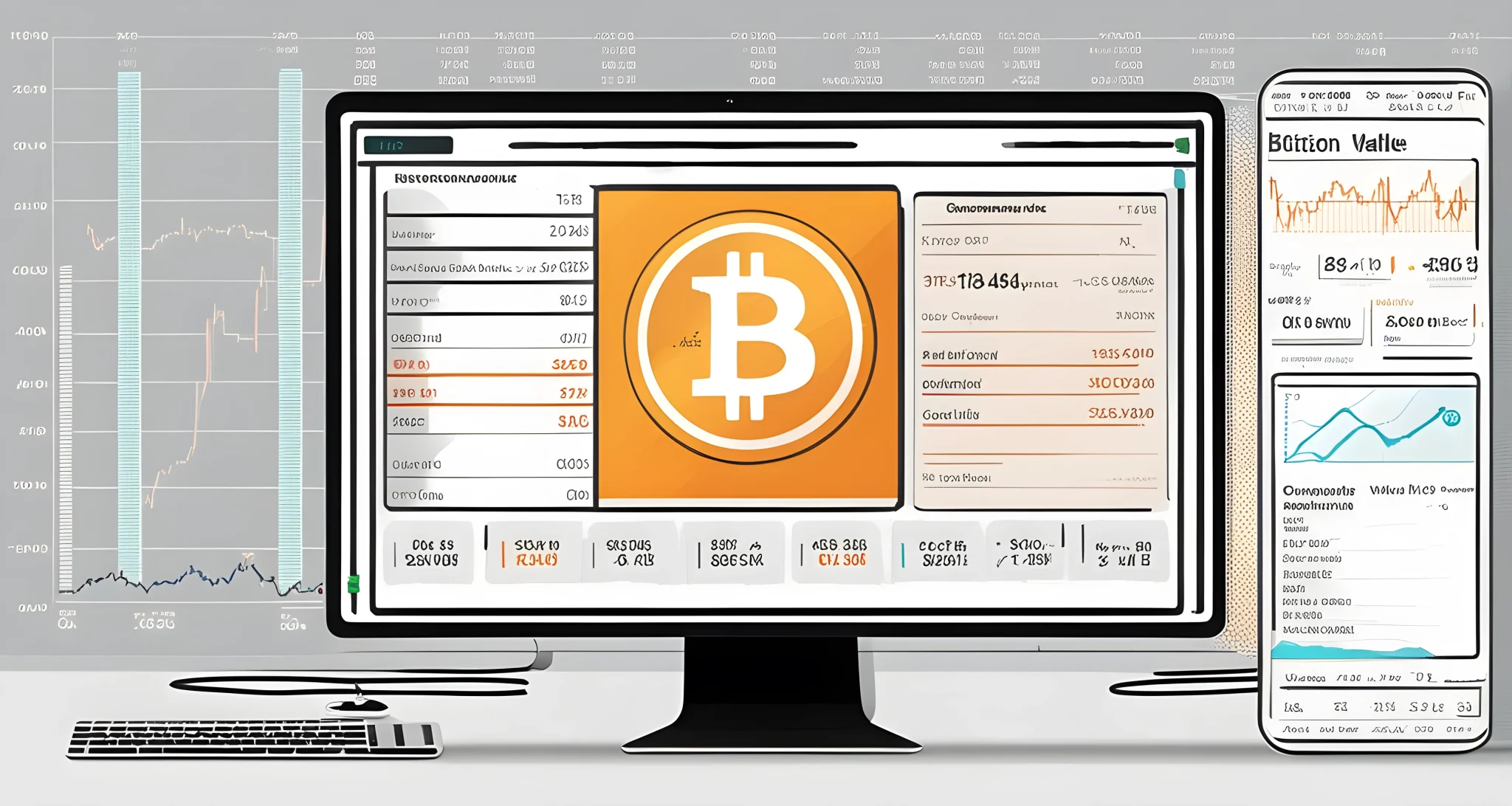 The image shows a computer screen displaying a digital wallet with a list of Bitcoin transactions and a graph showing the price movements of Bitcoin over time.