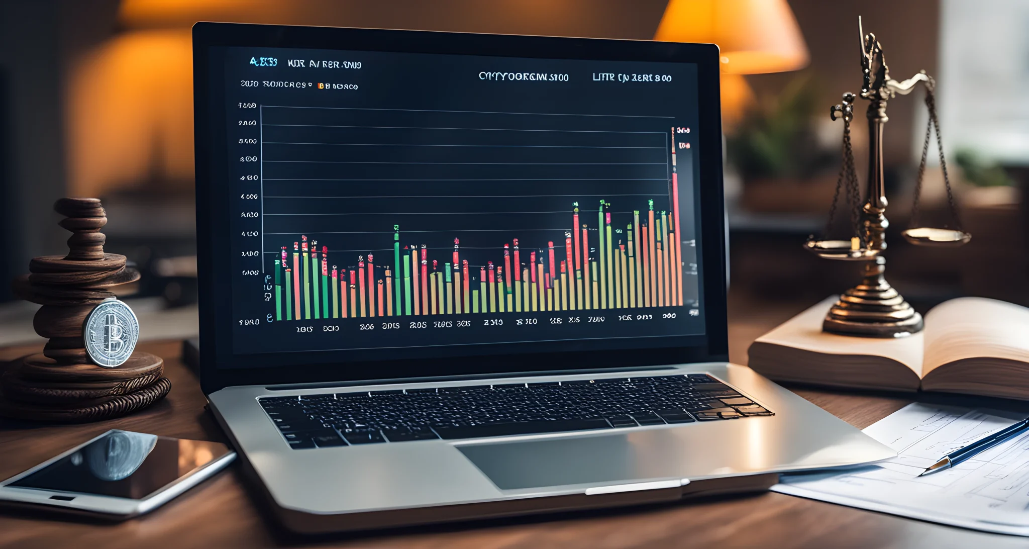 The image shows a computer screen displaying a graph showing cryptocurrency prices and a stack of legal documents next to it.