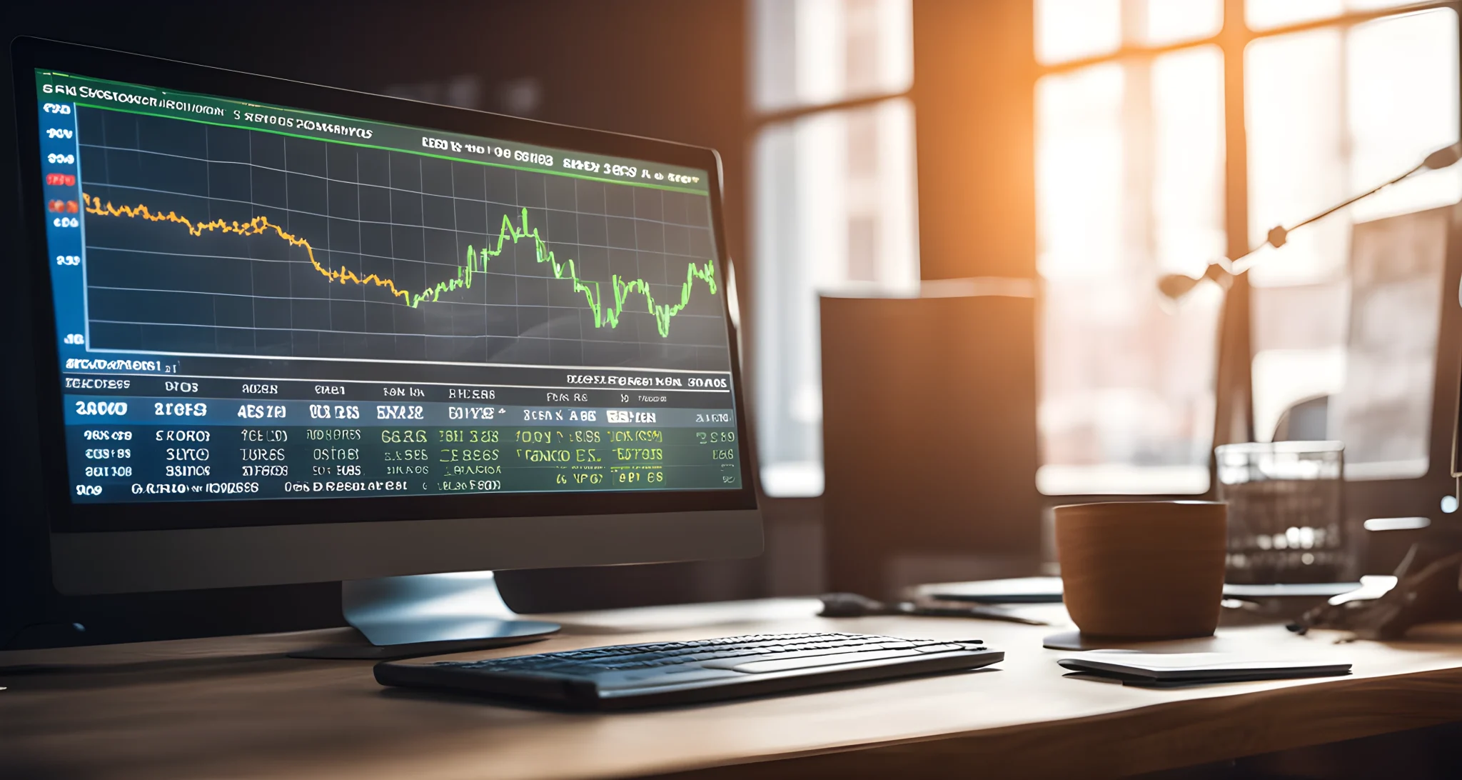 The image shows a computer screen displaying a line graph of Bitcoin price fluctuations over a period of time, with a table of cryptocurrency exchange rates and regulatory documents in the background.