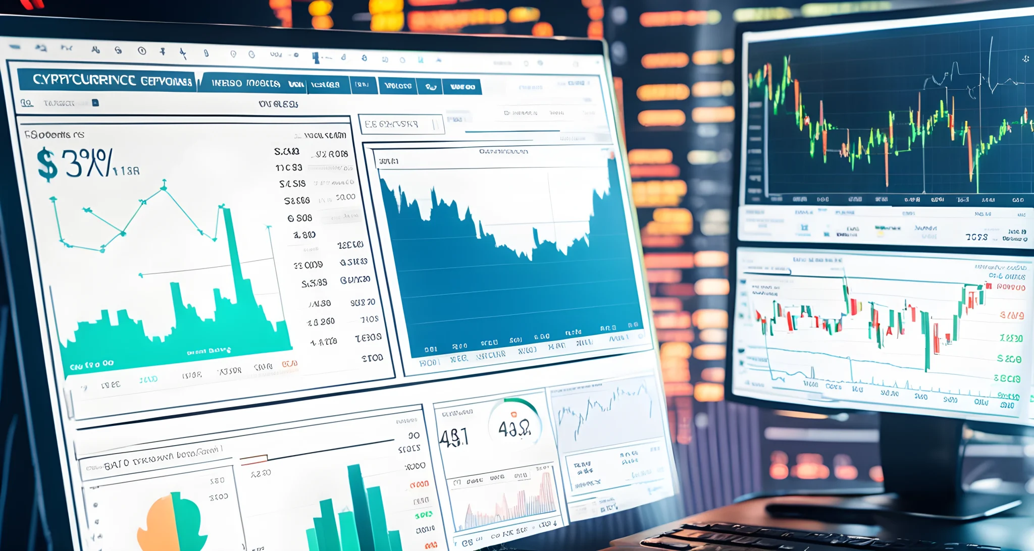 The image shows a computer screen displaying live trading charts, graphs, and market data for different cryptocurrencies.