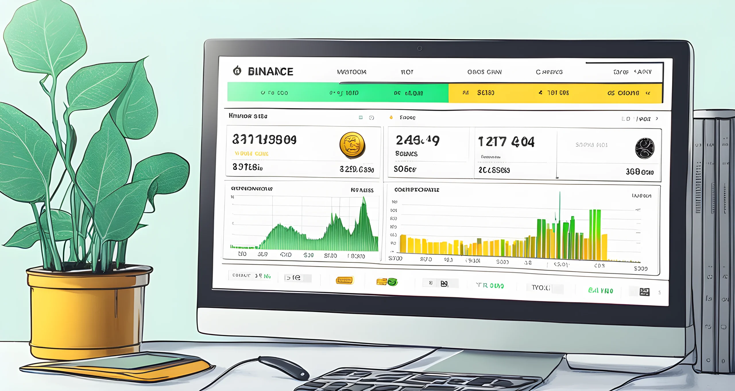 The image shows a computer screen displaying multiple cryptocurrency trading platforms including Binance, Coinbase, and Kraken.